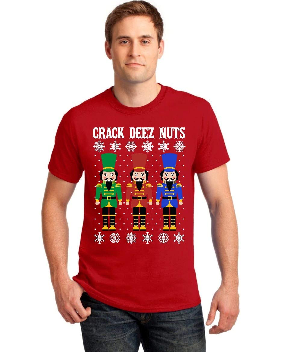 Crack Deez Nuts Funny Christmas Men's T-Shirt - Red, Size L - Festive Holiday Party Outfit & Gift for Men