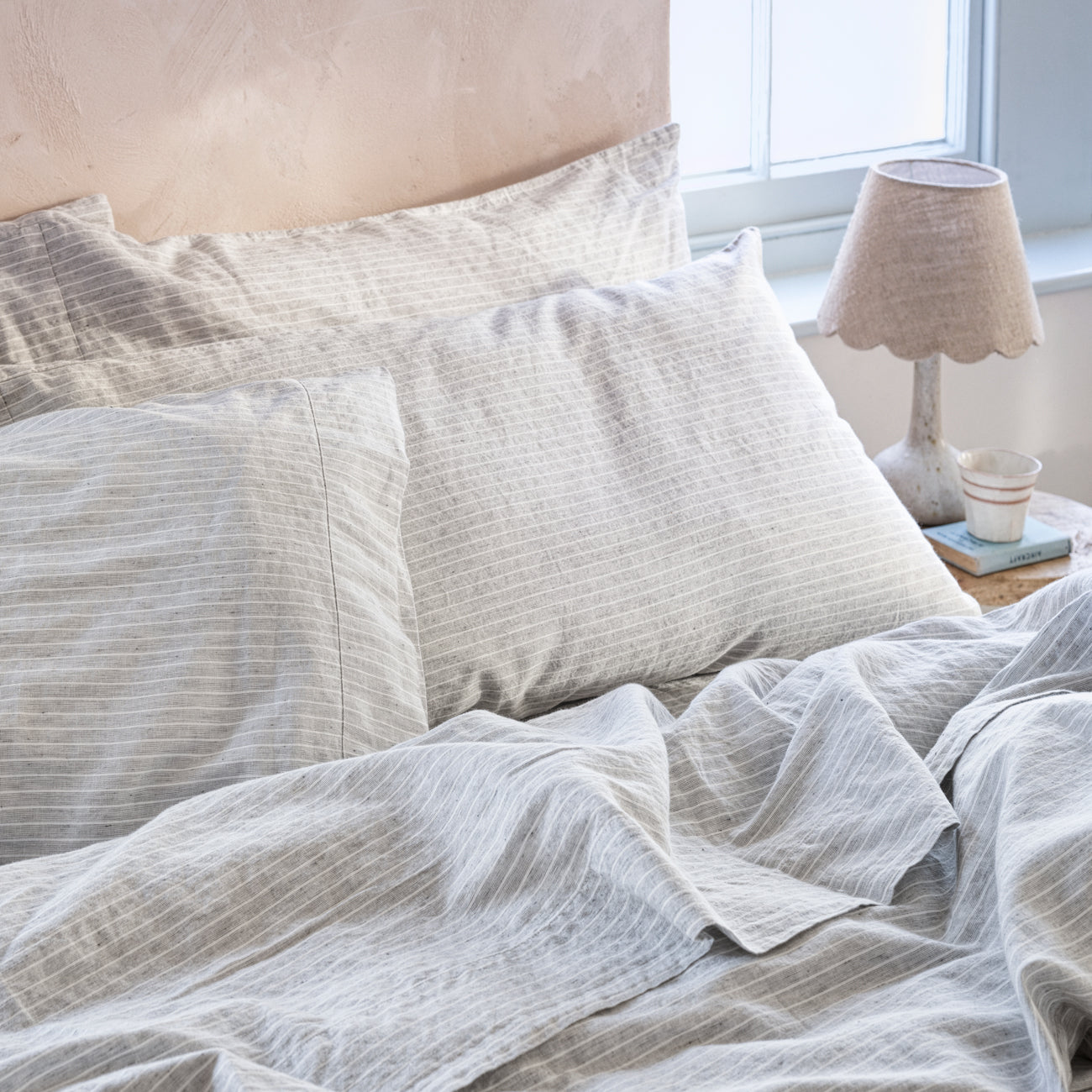 Premium Gray Mini Stripe Linen Blend Pillowcases (Set of 2) - Soft Breathable Bedding for Home, Hotel & Guest Room Decor