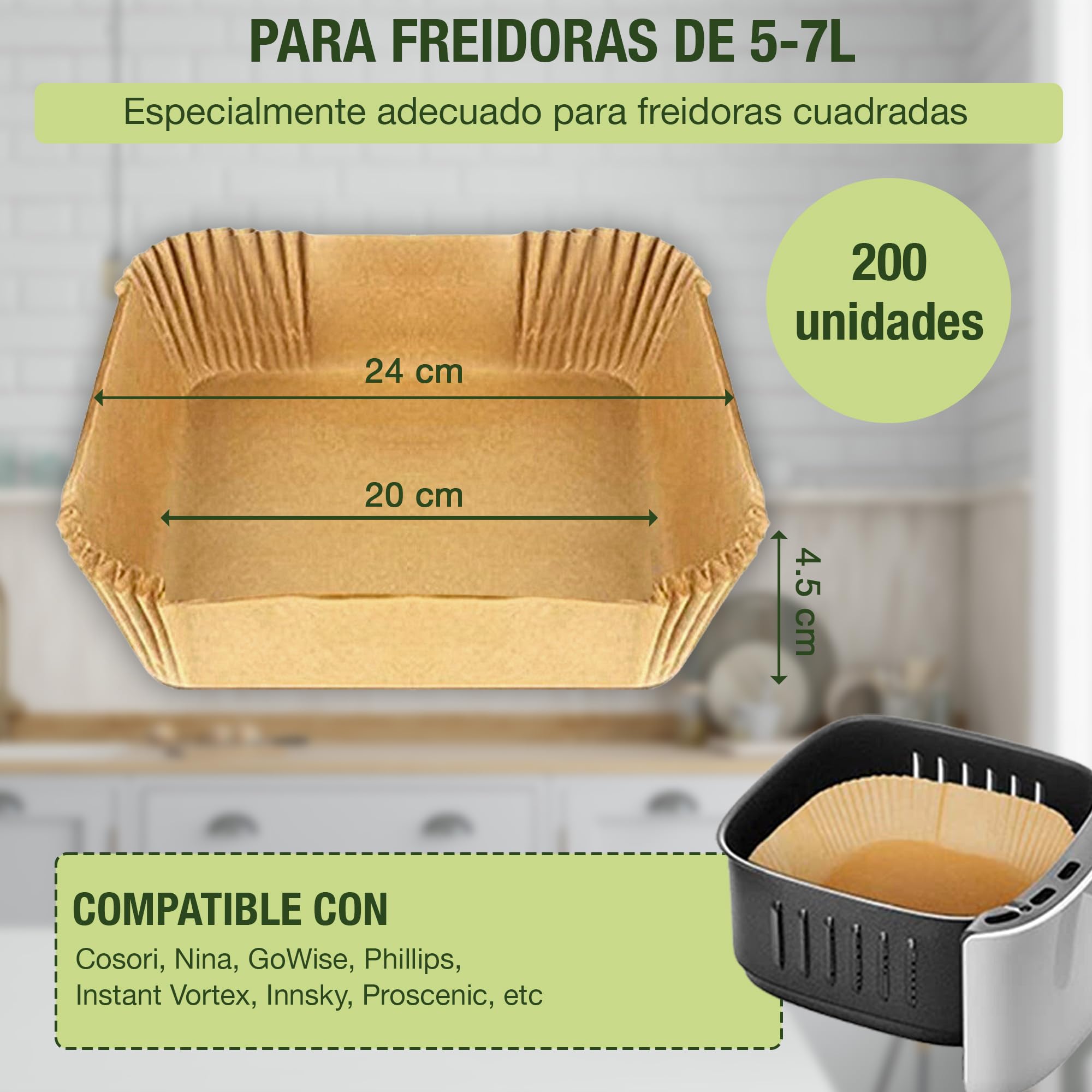 200 Pcs Air Fryer Liners [20-24cm] for 4-7L Square Basket - BPA Free Food Grade Parchment Paper - Perfect for Air Frying Chicken Wings, French Fries & Vegetables