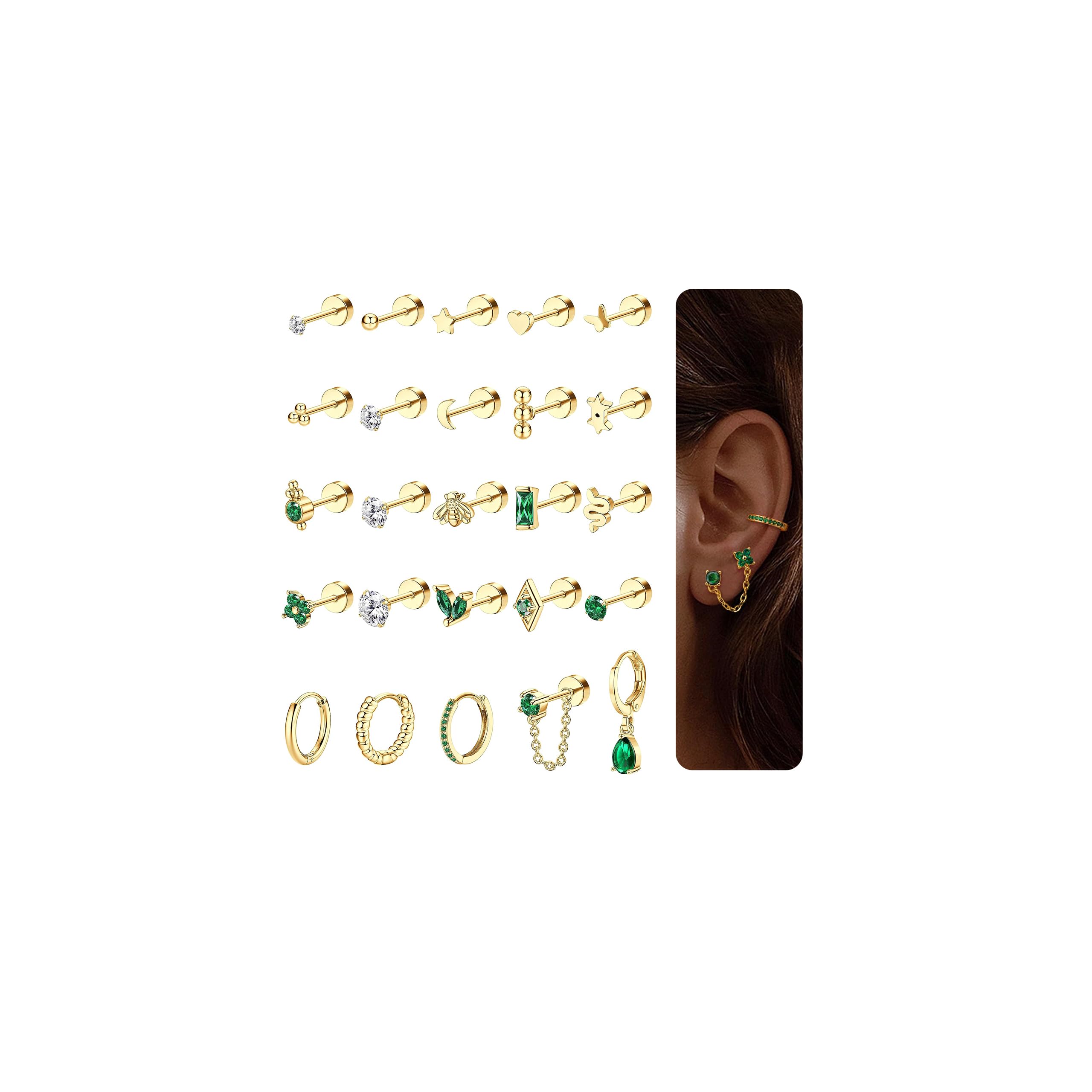 FIOROYAL 25Pcs Hypoallergenic Surgical Steel Earrings Set for Women - Stud, Hoop, Snake, Butterfly, CZ Chain Dangle & Emerald Green Earrings | Gold Helix Piercing Jewelry for Girls | Perfect for Parties, Gifts & Everyday Wear