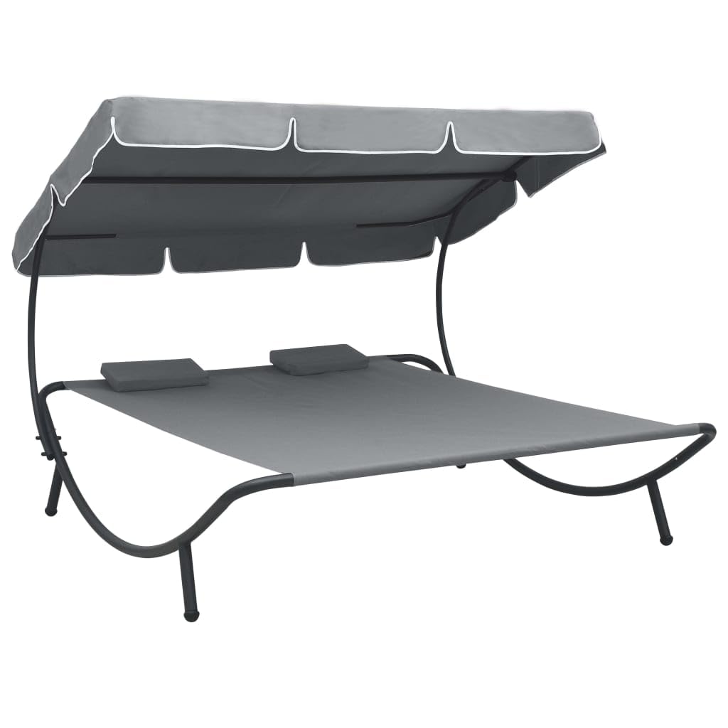 vidaXL Outdoor Double Chaise Lounge with Canopy & Pillows - Patio Daybed for Backyard, Poolside, Lawn - Gray Water-Resistant Lounge Chair for Sunbathing & Relaxing