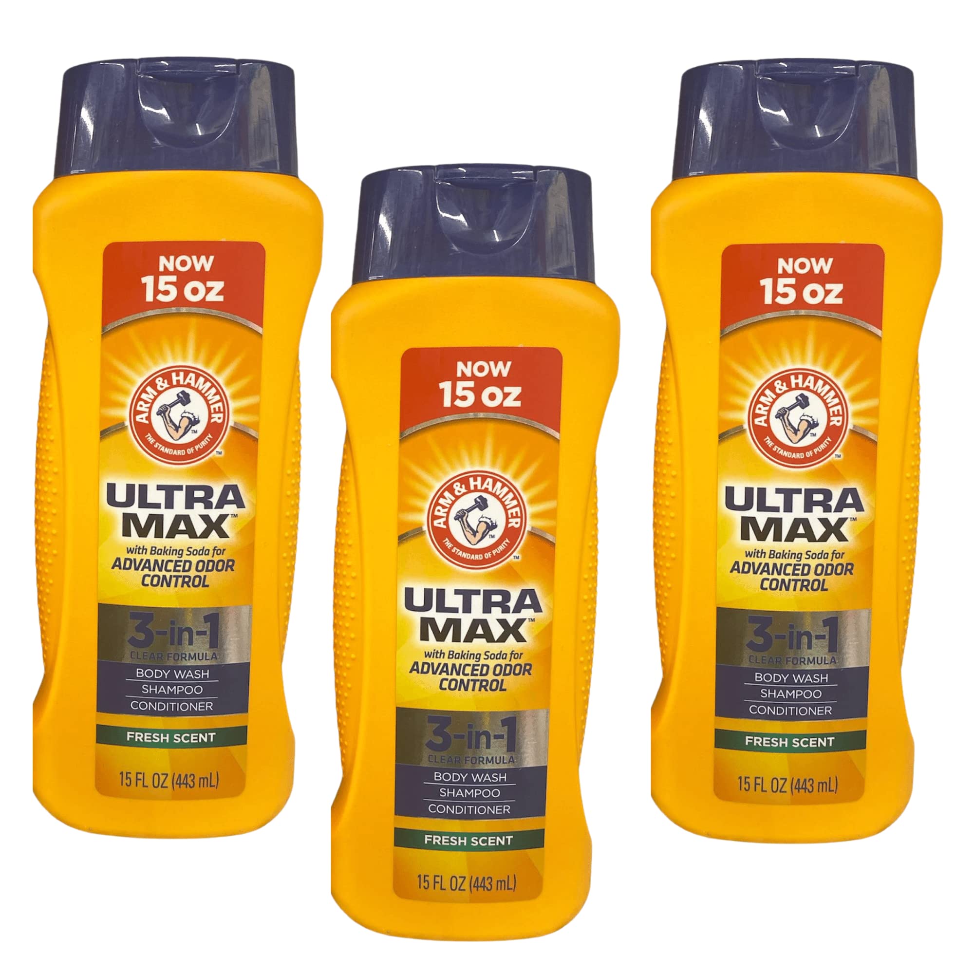 Arm & Hammer 3-in-1 Body Wash, Shampoo & Conditioner for Men - Advanced Odor Control, Fresh Citrus Scent, 15 fl oz (443ml) - 3 Pack | Daily Shower & Hair Care Essential for Active Lifestyles