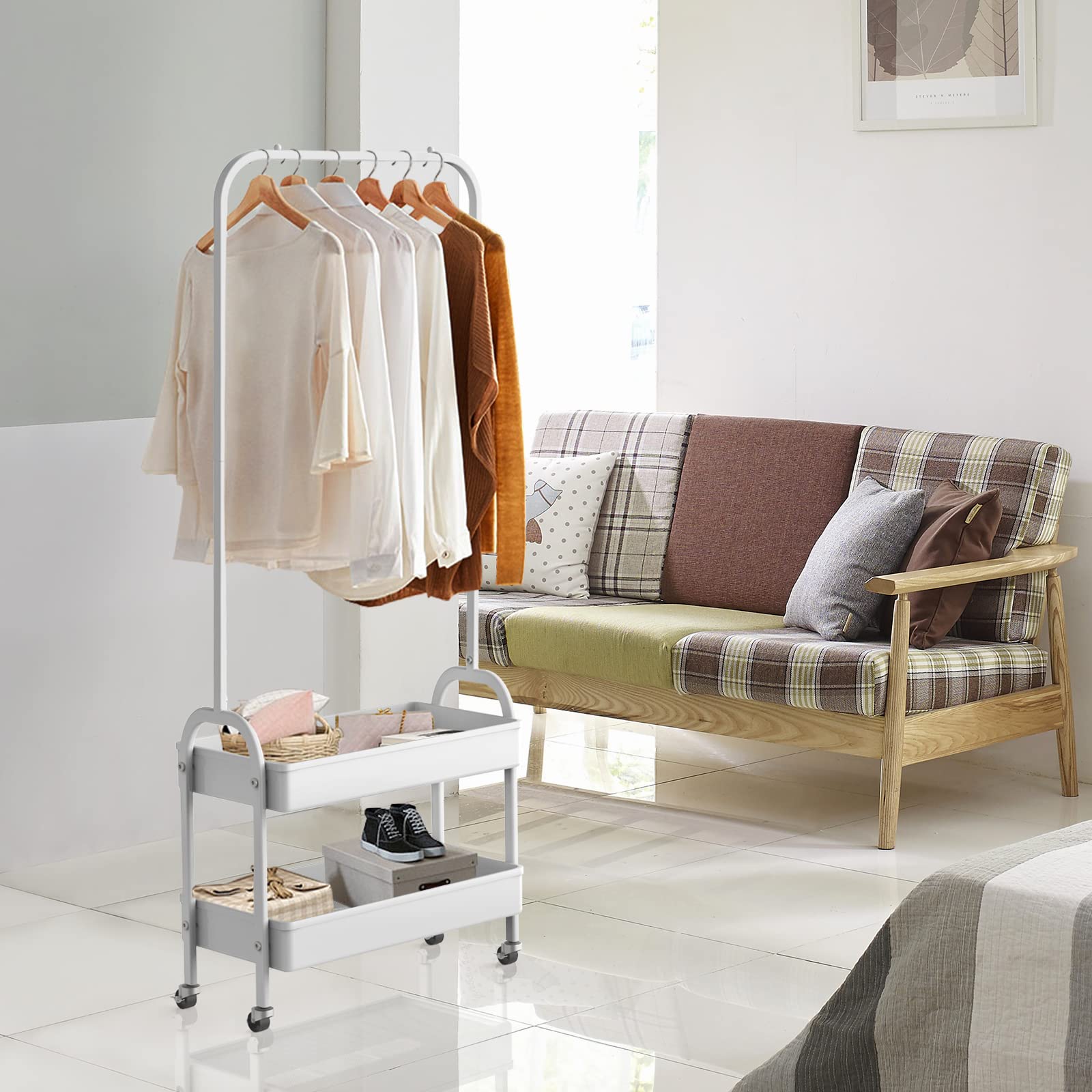 White Portable Clothing Rack - 2-in-1 Rolling Garment Organizer with Metal Baskets & Hanging Rack | Mobile Laundry Cart & Small Wardrobe on Wheels for Bedroom, Closet & Dorm Organization | Space-Saving Storage Solution for Clothes, Shoes & Accessories
