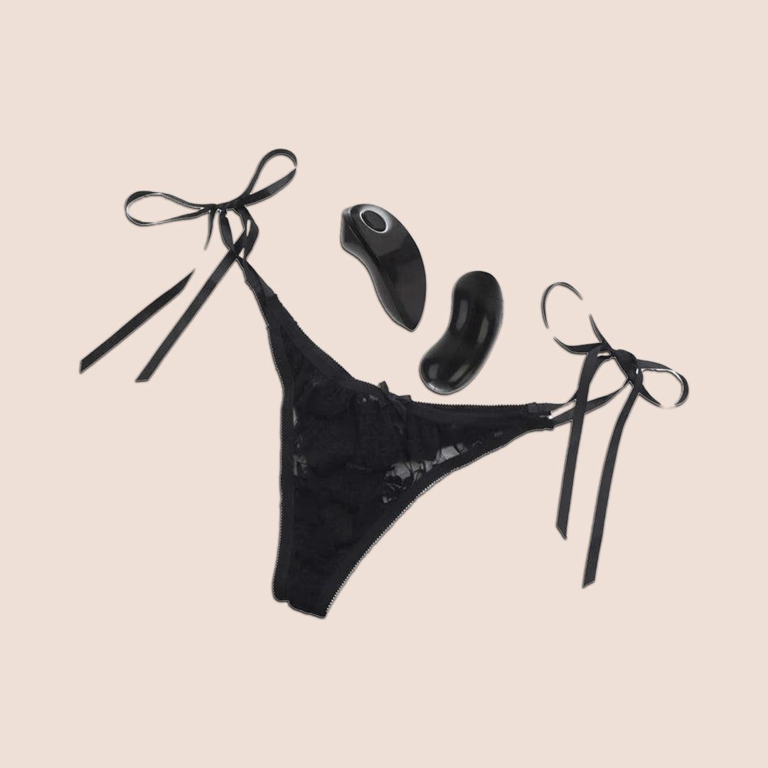 Remote Controlled Vibrating Lingerie - Little Black Thong with Adjustable Ties | Perfect for Couples Play, Long Distance Relationships & Spicy Date Nights