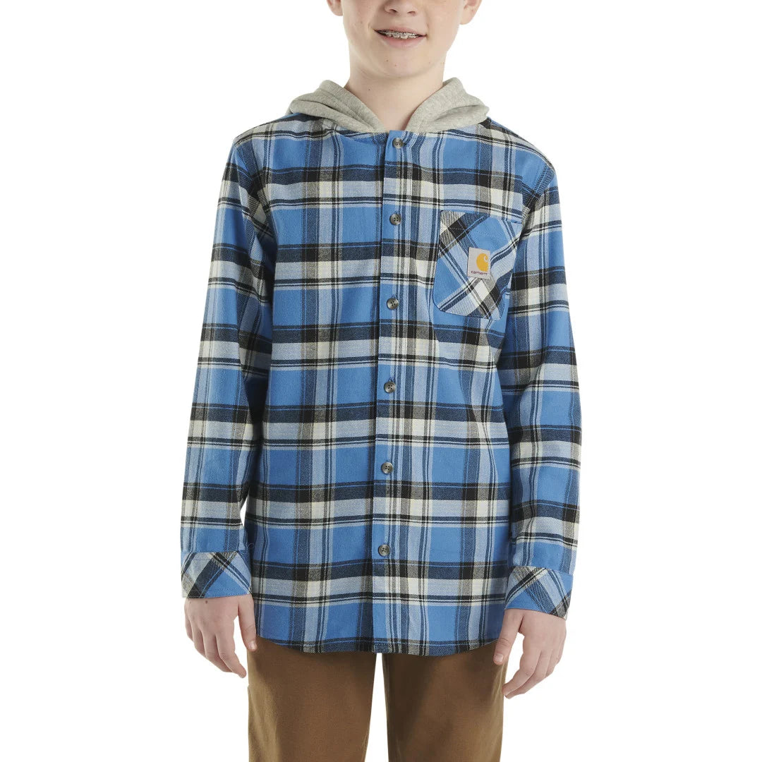 Carhartt Kids Long Sleeve Flannel Shirt - Blue Hooded Button-Up for Boys & Girls | Outdoor Play, School & Casual Wear