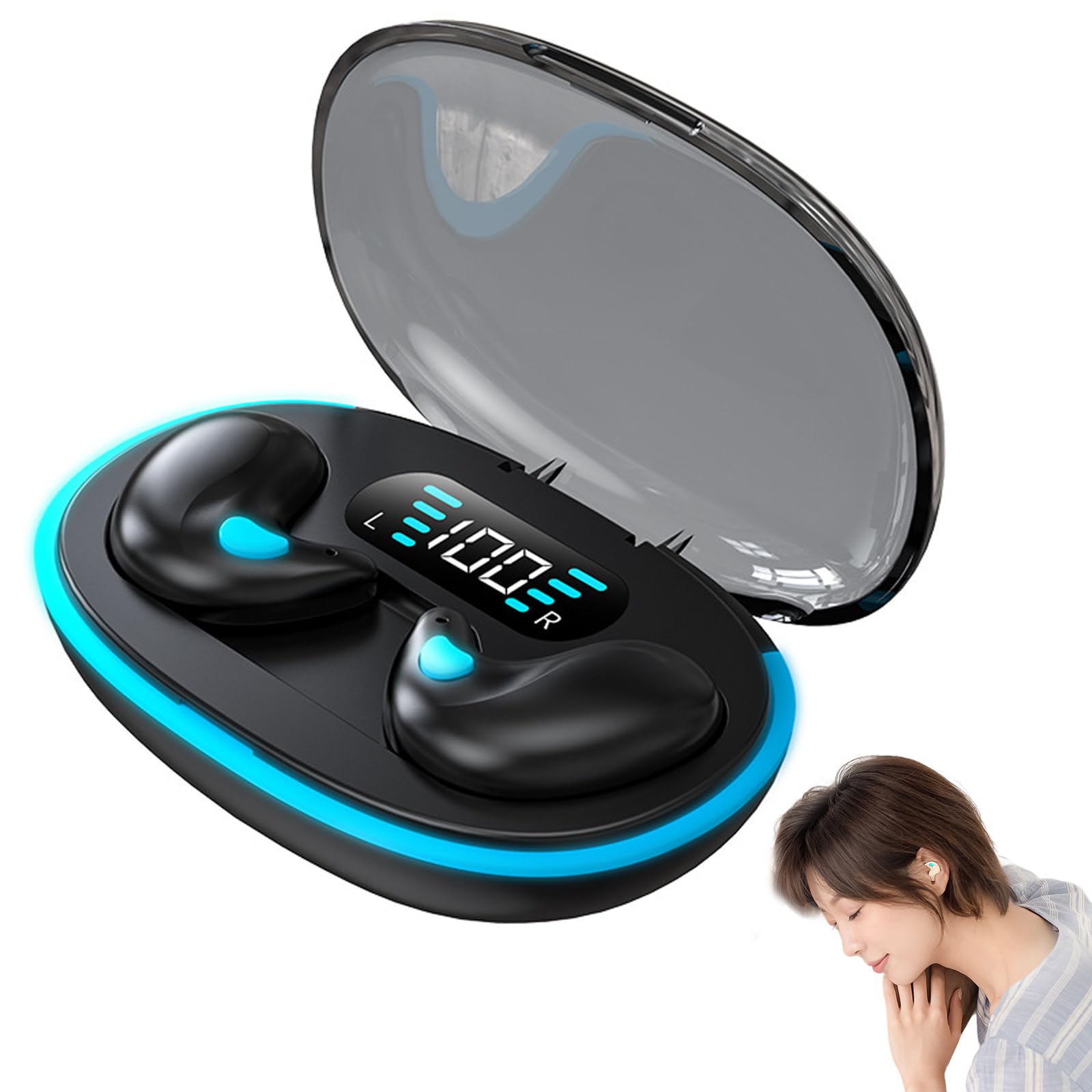 Wireless Bone Conduction Sleep Headphones Bluetooth 5.3 with Noise Cancellation, Invisible In-Ear Earbuds for Sports & Running, IPX5 Waterproof with LED Digital Display Charging Case (Black) - Perfect for Sleeping, Gym Workouts and Nighttime Jogging