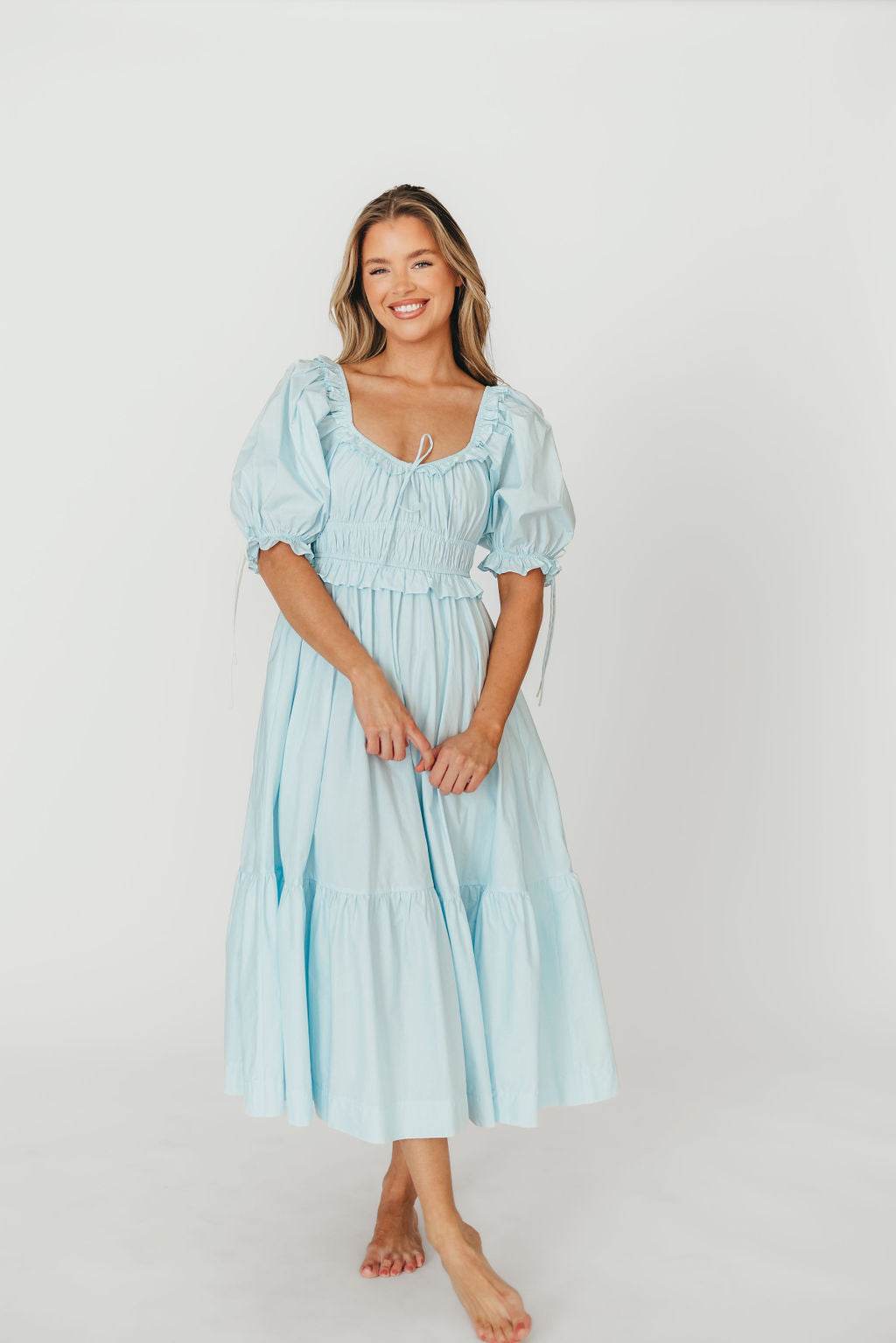 100% Cotton Crissy Ruched Midi Dress - Baby Blue Maternity Dress for Pregnancy | Bump Friendly & Comfortable | Perfect for Baby Showers, Maternity Photos & Everyday Wear