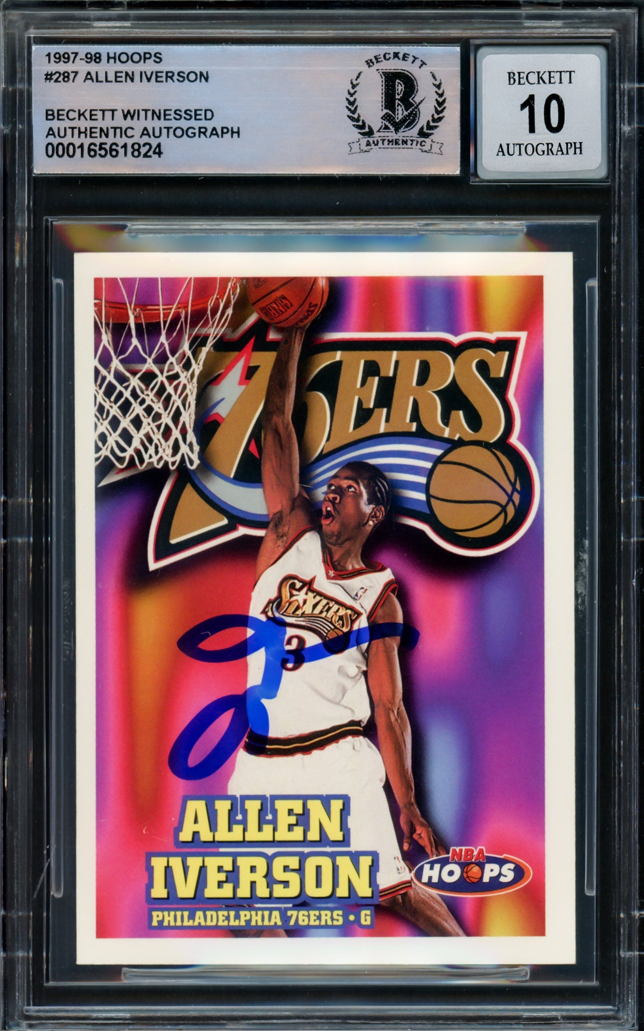 Allen Iverson Autographed 1997-98 Hoops Basketball Card #287 - Philadelphia 76ers - Beckett BAS Gem Mint 10 Grade - Witnessed #16561824 - Perfect for NBA Memorabilia Collectors & Sports Fans Display