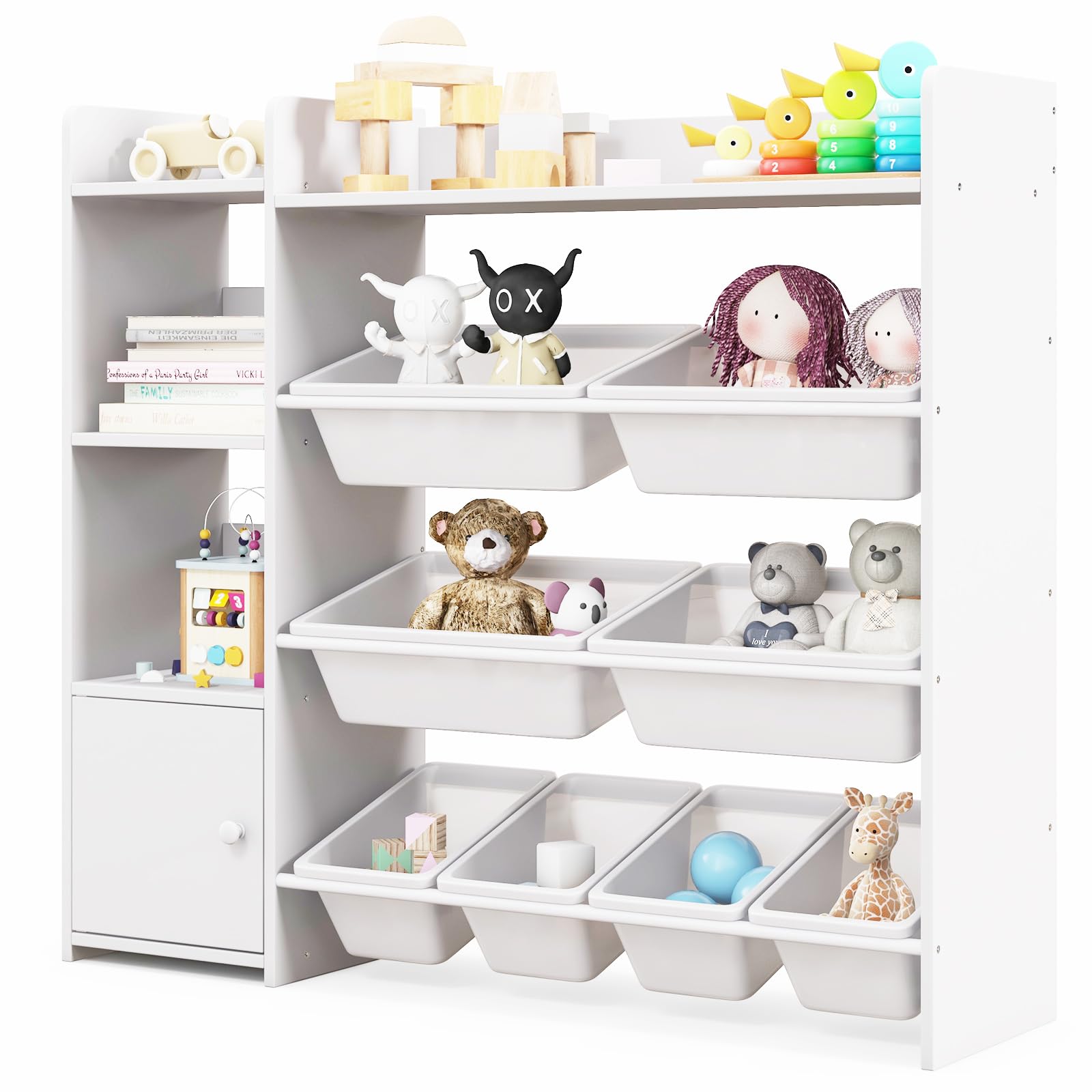 Costzon 4-Tier Kids Bookshelf & Toy Storage Organizer with 8 Bins & Cabinet Door - White | Space-Saving Toy Rack for Playroom, Nursery, Daycare & Kids Bedroom Organization