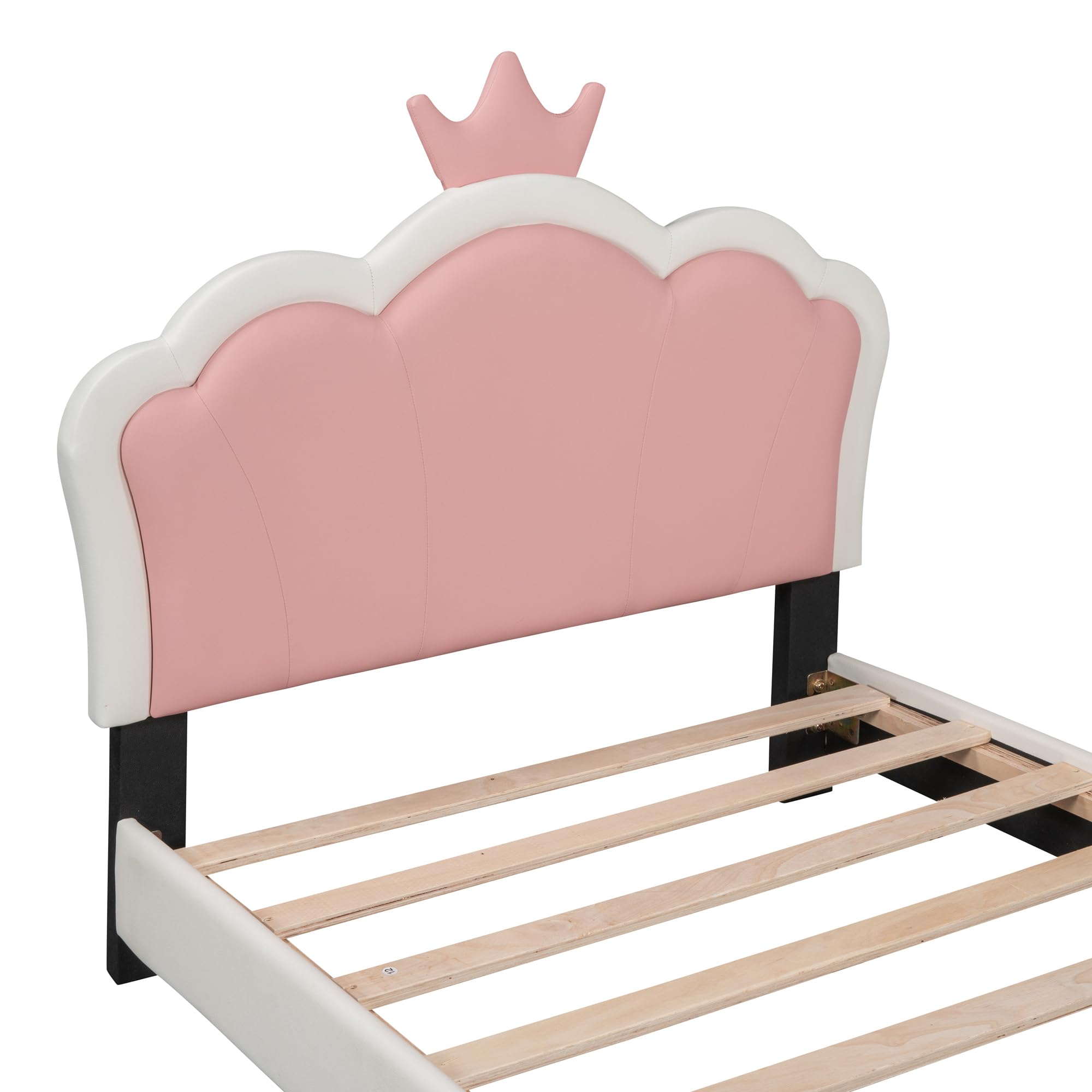 Twin Size Upholstered Princess Bed with Crown Headboard - Pink Bed Frame for Girls | Elegant Kids Room Furniture for Princess-Themed Bedrooms & Sleepovers