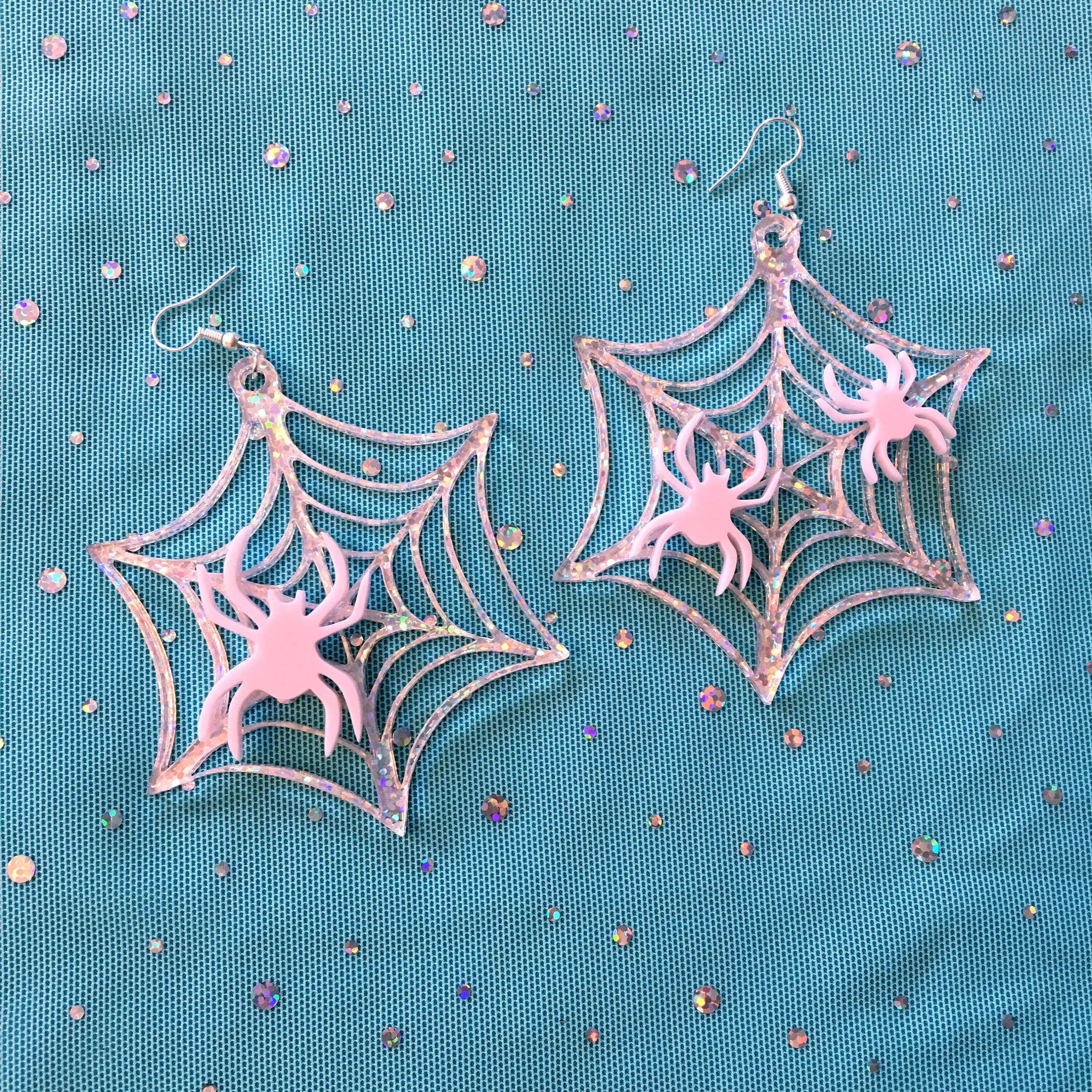 Iridescent Pink Spider Web Acrylic Earrings for Women - Gothic Halloween Party Jewelry - Unique Statement Dangle Earrings for Costume & Everyday Wear