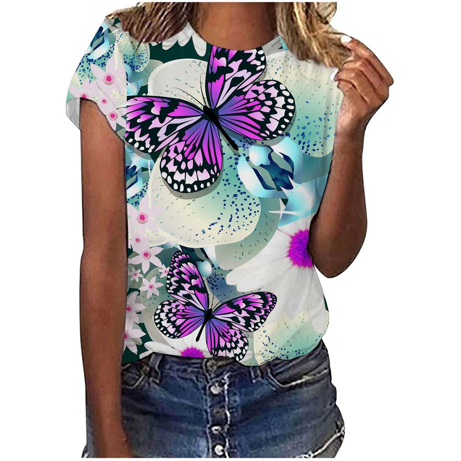 Women's Business Casual Tops - Butterfly Print Short Sleeve Blouses & T-Shirts for Office Wear & Summer Outfits