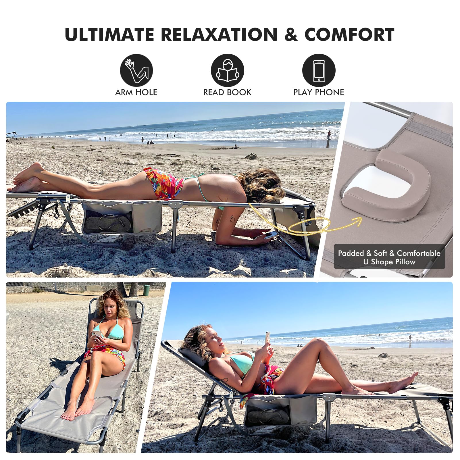 Heavy Duty Oversized Tanning Chair for Outside - 330 LBS Capacity with Face/Arm Hole, Wide Folding Sun Lounger for Beach, Poolside, Patio, Lawn & Camping | Perfect for Sunbathing & Relaxing Outdoors