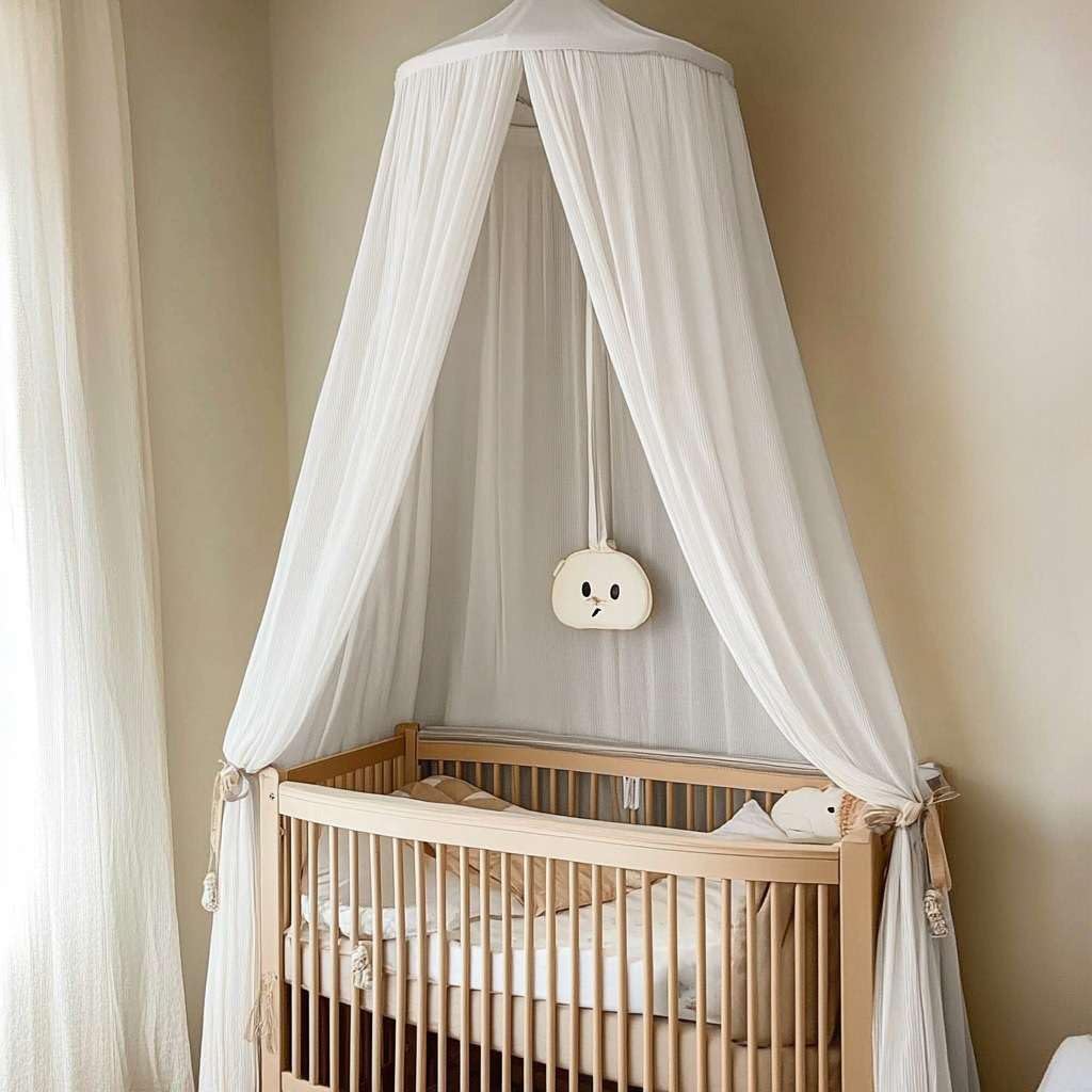 100% Cotton Kids Bed Canopy - Princess Mosquito Net for Girls Bedroom, Nursery Crib & Toddler Play Tent | Pom Pom String Curtain for Reading Nook & Playroom Decor | Breathable Dome Canopy for Baby Bed, Daydream Space & Sleep Sanctuary