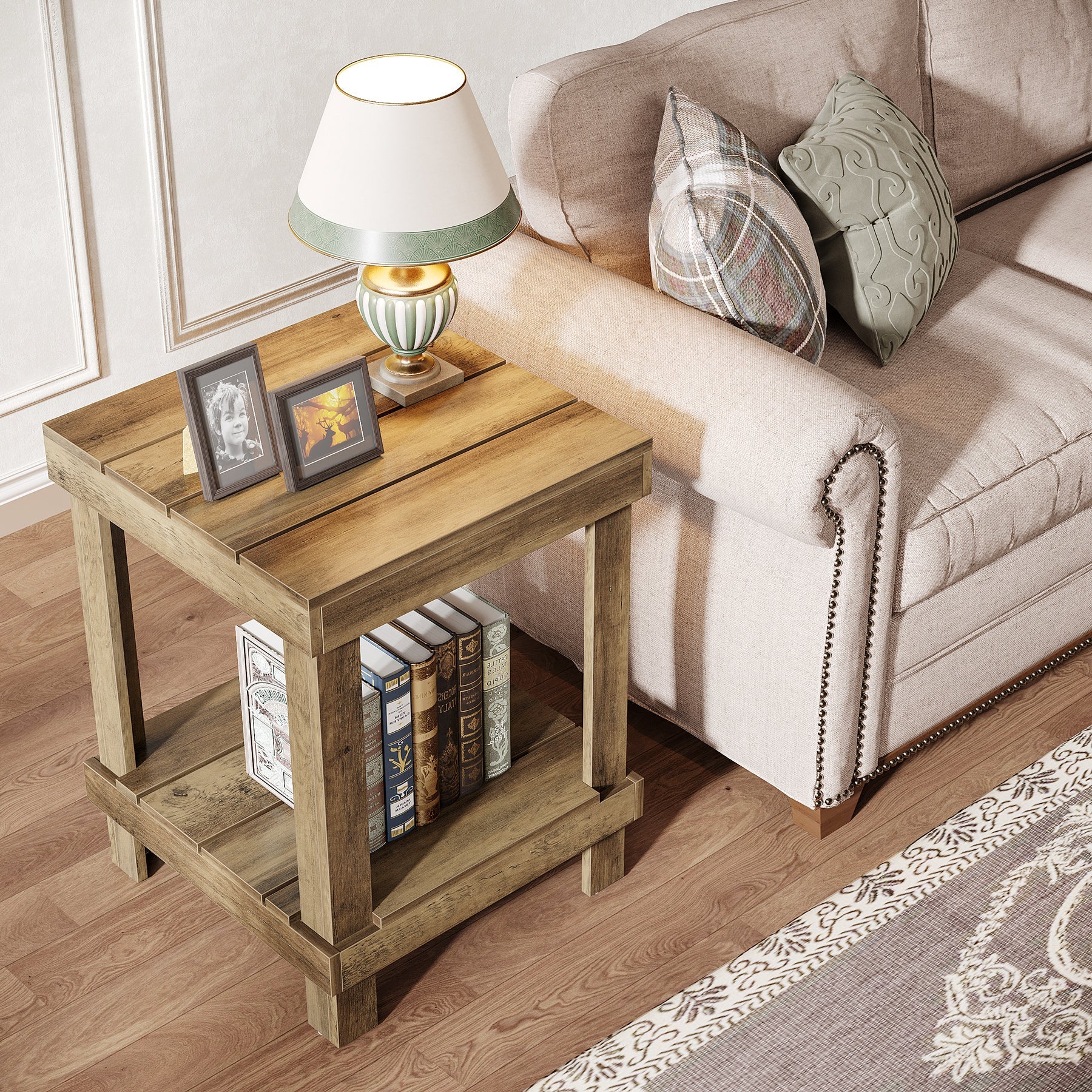 2 Tier Square End Table with 2 Storage Shelves - Modern Nightstand, Side Table for Living Room, Bedroom & Office - Perfect for Small Spaces & Home Organization