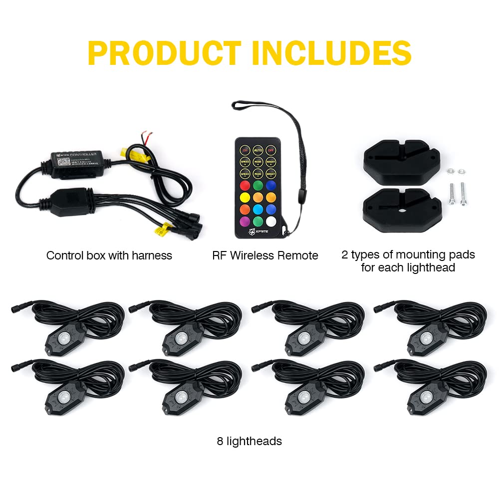Xprite RGBW LED Rock Lights Kit with Bluetooth & Wireless Remote - 8 Pods Multicolor Underglow Lights for Cars, Trucks, SUVs, UTVs, ATVs, Motorcycles & Boats - Perfect for Off-Roading, Car Shows & Night Cruising