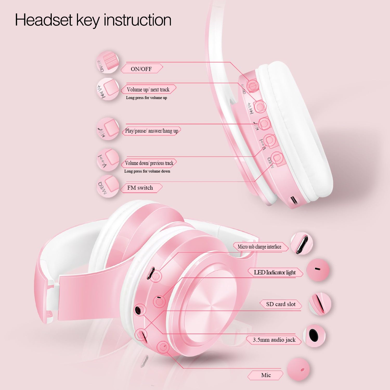 RAT TAIL V5.0 Bluetooth Headphones Wireless Over-Ear Foldable Headset with Micro SD/TF, FM, Soft Earmuffs - Lightweight for Long Wear, Compatible with Phone & PC (Pink) - Perfect for Travel, Workouts & Gaming