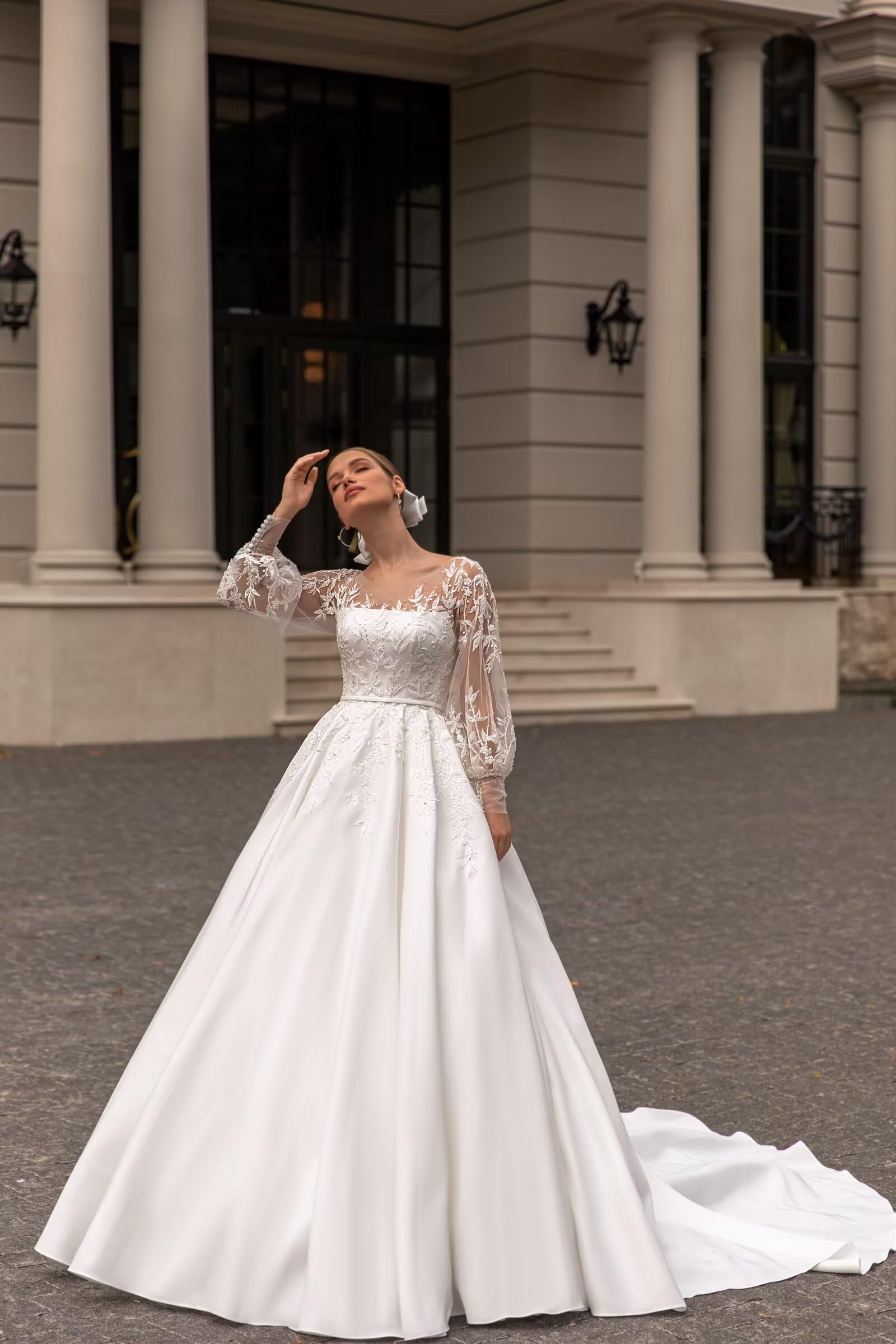 2025 Elegant Long Sleeve Lace Wedding Dresses for Bride - Romantic Applique Bridal Gowns for Women | Perfect for Church Ceremony, Beach Wedding & Formal Reception