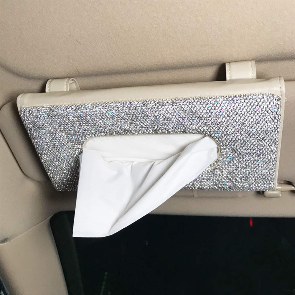 Sparkling Rhinestone PU Leather Napkin Holder & Car Tissue Box Organizer - Elegant Beige & White Hanging Backseat Sun Visor Storage for Cars | Perfect for Road Trips, Daily Commutes & Luxury Vehicle Decor