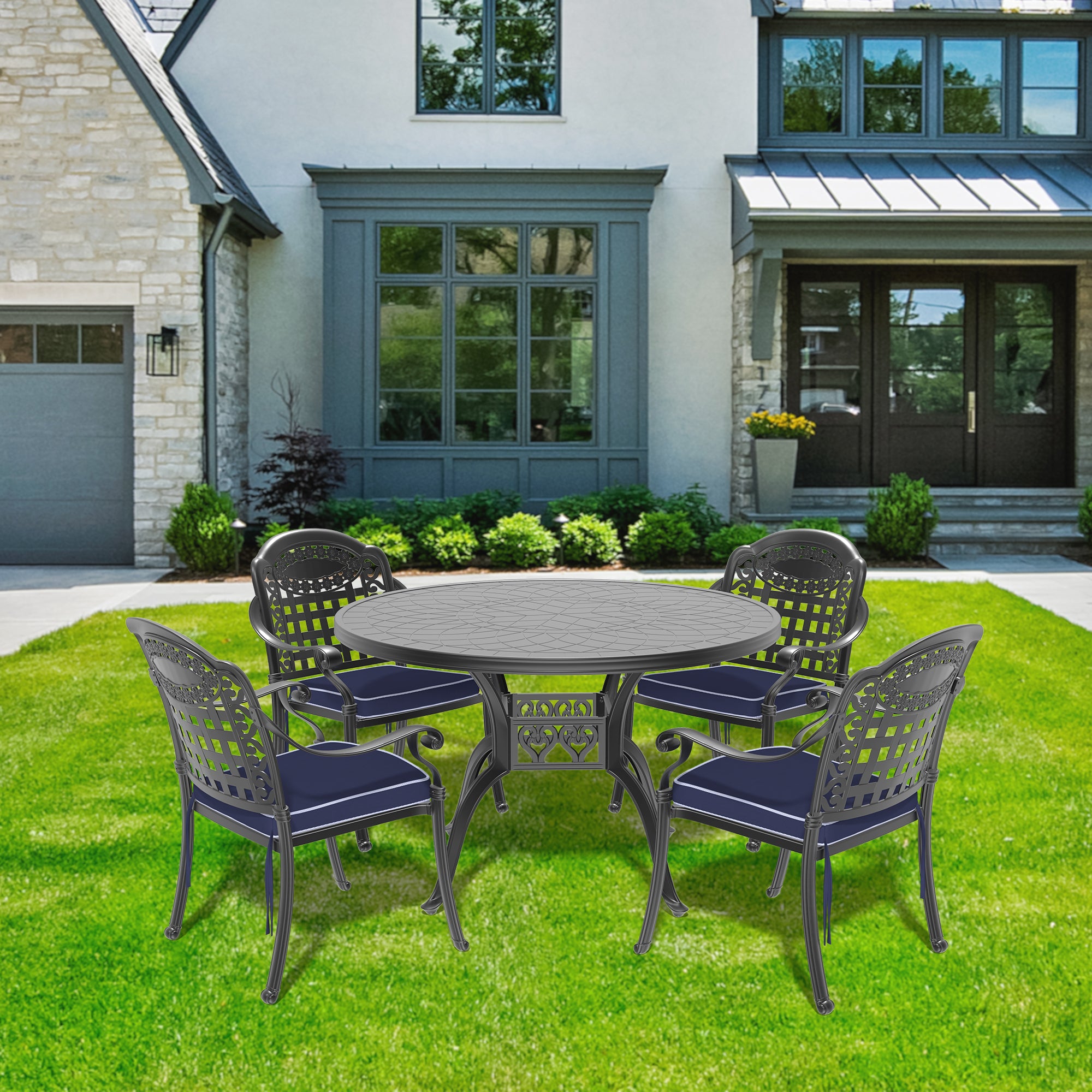 5-Piece Cast Aluminum Patio Furniture Set with Cushions (Random Colors) - Durable Outdoor Seating for Garden, Poolside & Backyard Relaxation