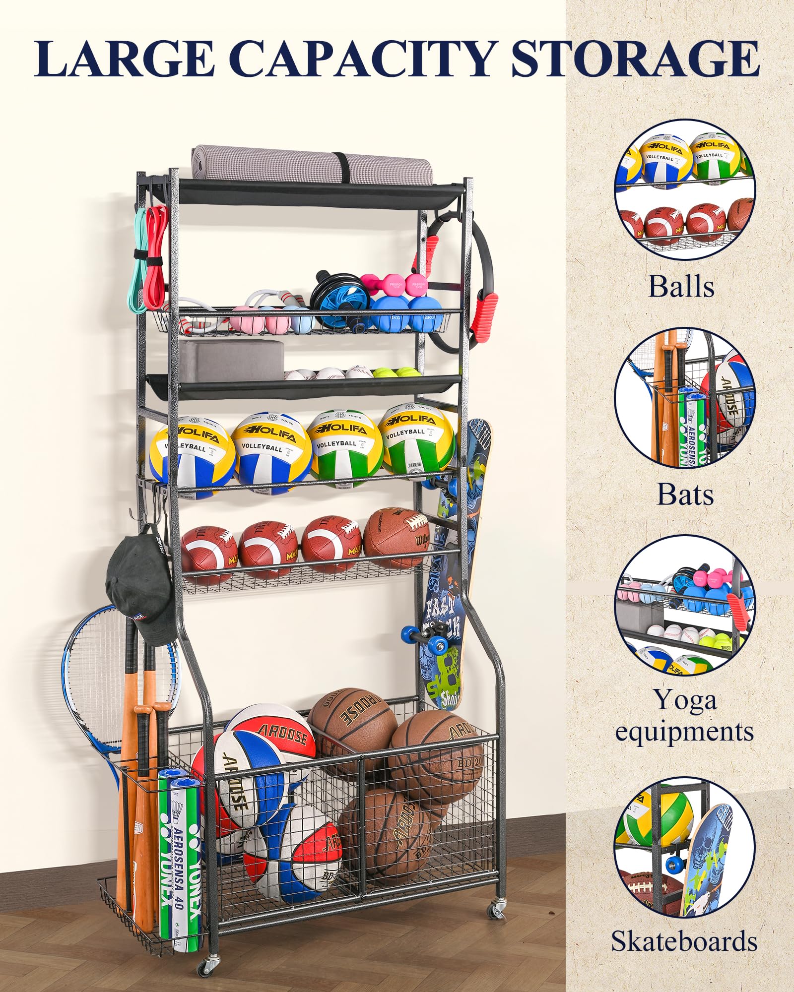 Mythinglogic Sports Equipment Garage Organizer - Rolling Ball Cart with Wheels for Basketball, Soccer, Football Storage | Indoor & Outdoor Sports Gear & Toy Organizer | Perfect for Garage, Basement, Backyard, and Playroom Organization