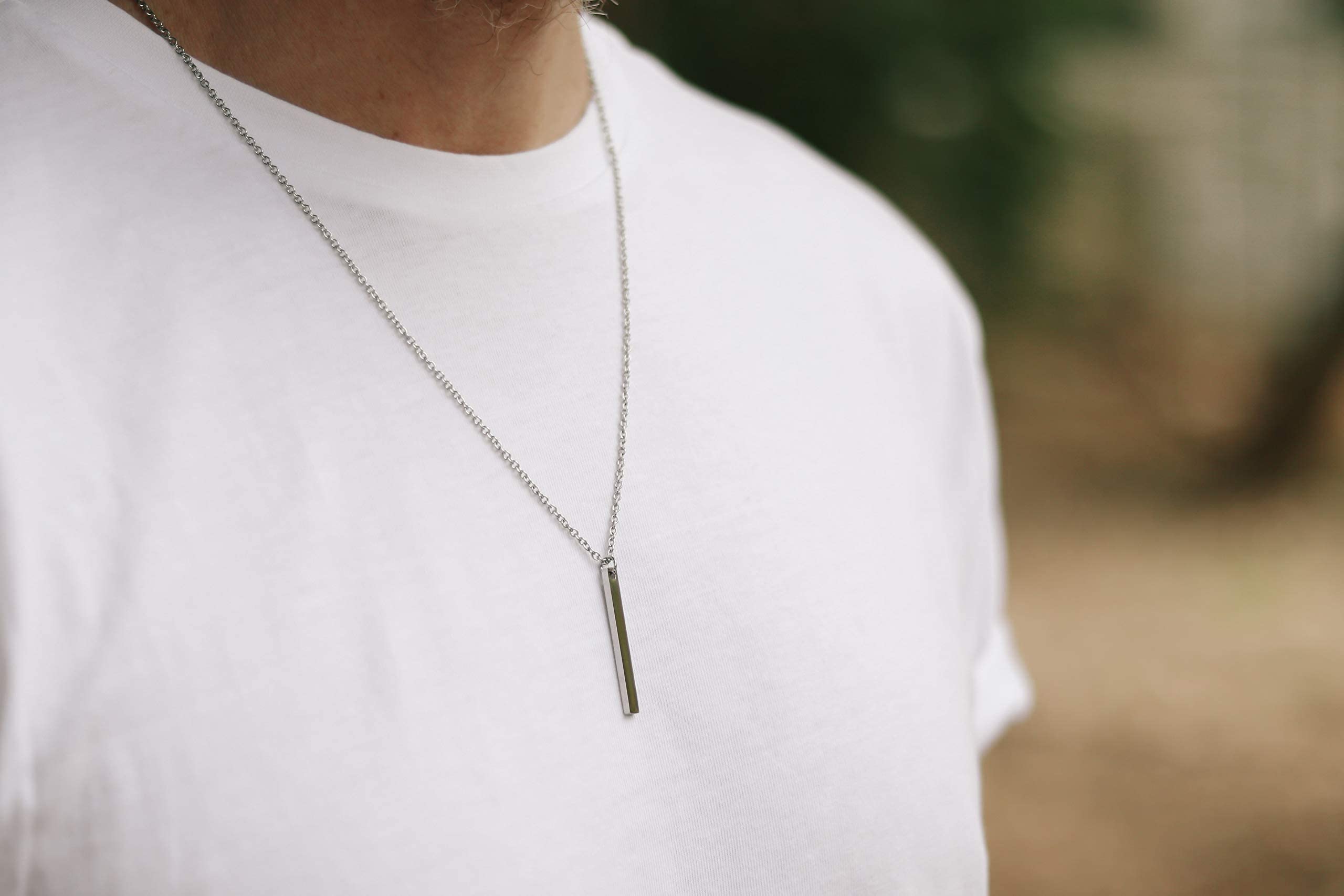 Men's Silver Rectangle Bar Necklace - Waterproof Chain Pendant for Groomsmen Gifts, Yoga & Everyday Wear | Stylish Jewelry Gift for Him