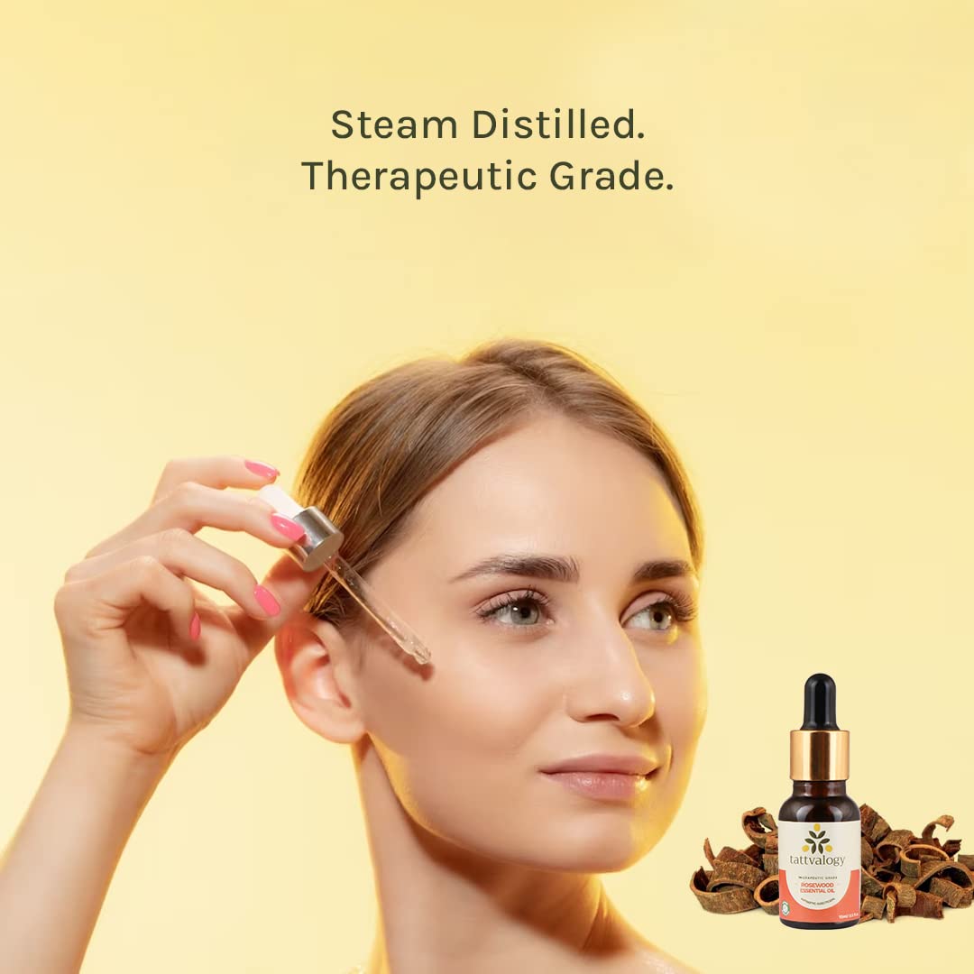 Tattvalogy Therapeutic Rosewood Essential Oil | 100% Pure Natural Undiluted Steam Distilled Dalbergia Sissoo | Antiseptic & Insecticidal Properties | Promotes Healthy Skin, Body & Mind | 15ml Glass Bottle | Perfect for Aromatherapy, Massage & DIY Skincare