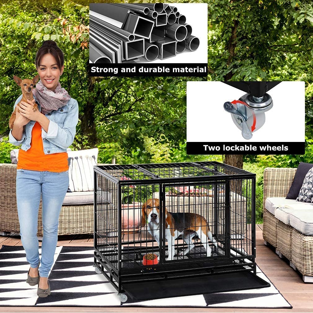 36 Inch Heavy Duty Dog Crate for Large Dogs - Indoor/Outdoor Pet Kennel with Double Doors, Secure Locks & Removable Plastic Tray | Perfect for Training, Travel & Home Use