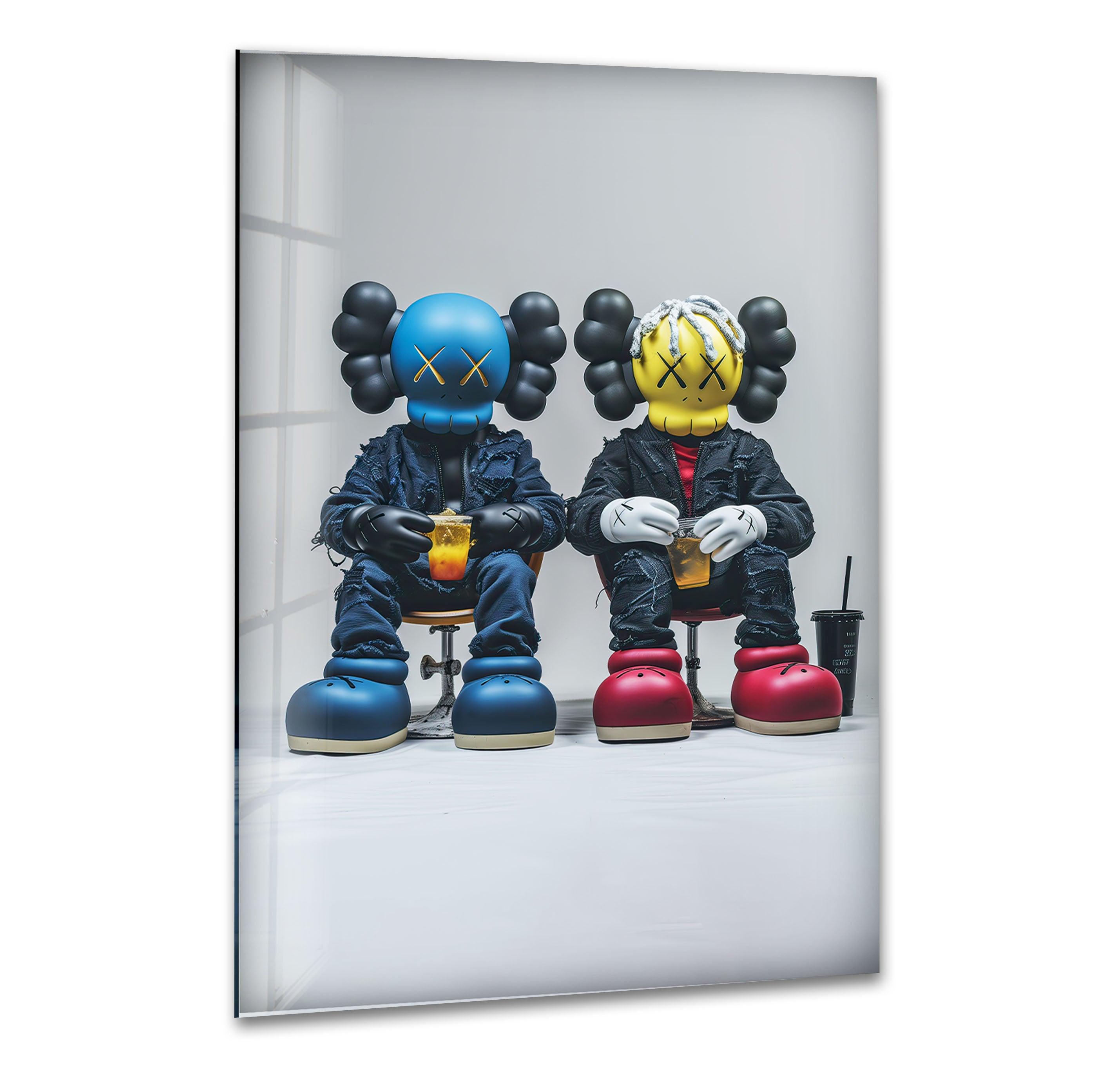 Blue & Yellow KAWS Wall Art Glass Decor - Modern Home & Office Decor for Living Room, Bedroom, or Gift