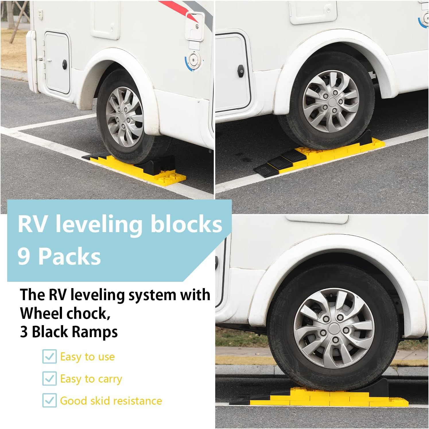 Homeon Wheels RV Leveling Blocks - 9 Pack Interlocking Camper Leveling Ramps with Wheel Chock & Carrying Bag | Heavy Duty Stabilizer for RV, Trailer, Motorhome Parking | Perfect for Camping, Road Trips & Outdoor Adventures