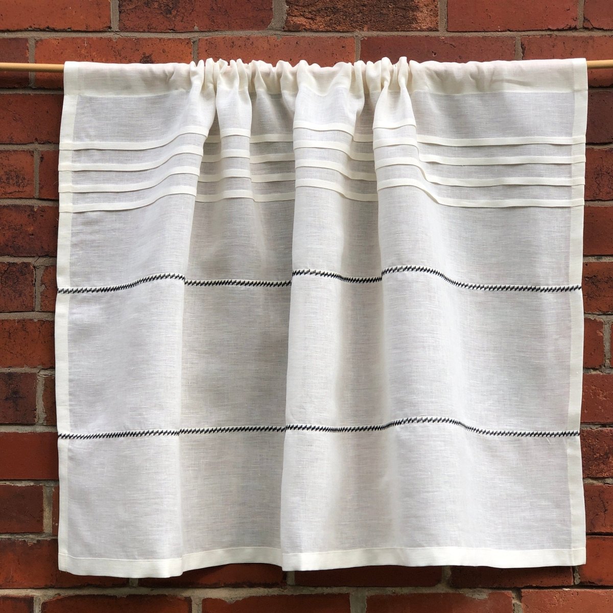 Culcheth Creamy Ivory Linen Cafe Curtain with Decorative Stitching - Elegant Window Treatment for Kitchen, Dining Room & French Doors