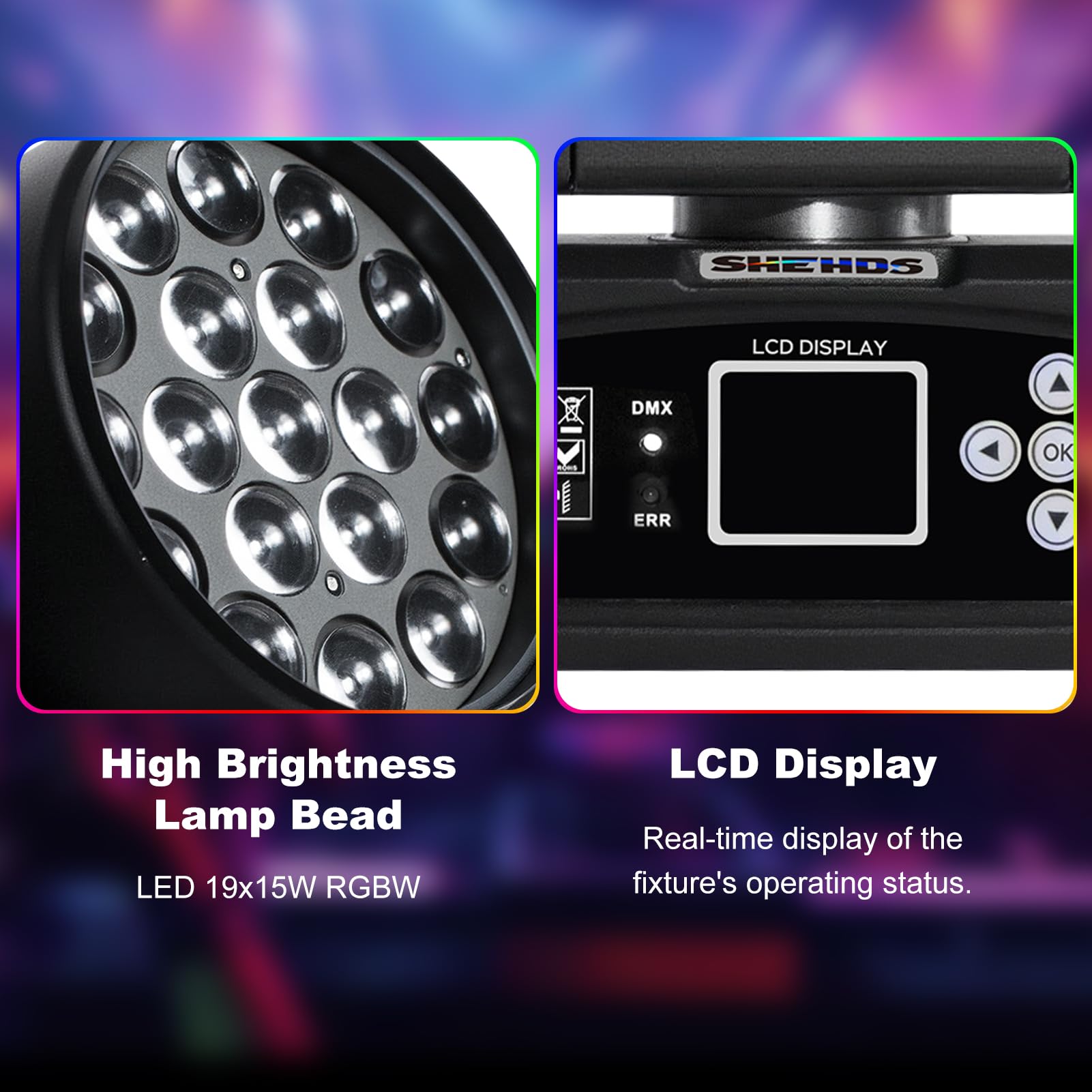 SHEHDS 19x15W RGBW 4-in-1 Moving Head LED Light - Beam/Wash/Zoom Effects, DMX512 & Sound Control for DJ Stage Lighting - Perfect for Parties, Weddings, Nightclubs & Professional Events (1 Pack)