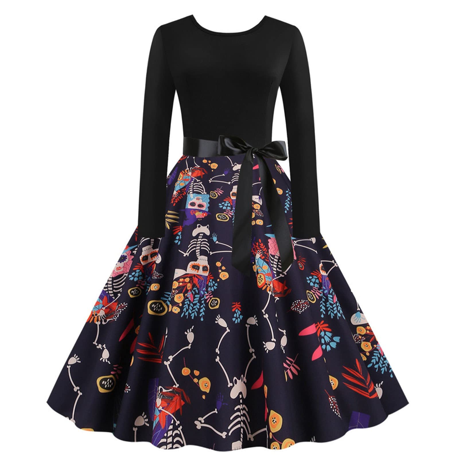 Vintage Halloween Long Sleeve Party Dress - Elegant Skull Print Crewneck Maxi Gown with Patchwork Design | Perfect for Costume Parties, Cocktail Events & Gothic Fashion