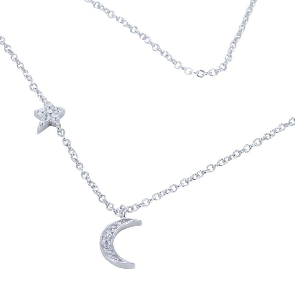 Elegant Silver Cubic Zirconia Moon and Stars Pendant Necklace - Perfect for Women's Everyday Wear, Gift Giving & Special Occasions