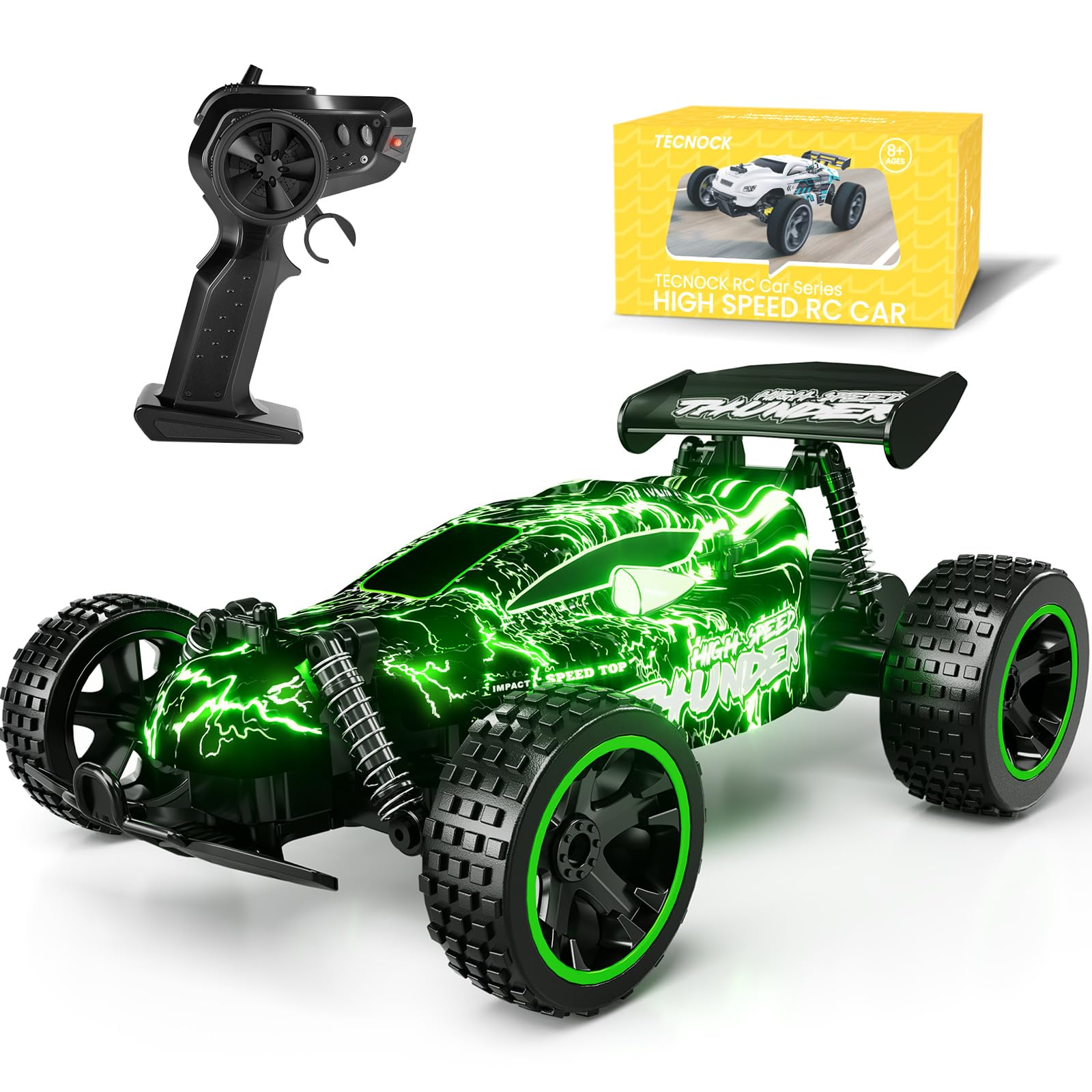 Tecnock 1:18 Scale Remote Control Car for Kids - 2.4GHz 2WD All-Terrain RC Truck with LED Lights & Rechargeable Battery (50 Min Playtime) - Perfect Gift for Boys and Girls | Outdoor Play, Birthday Presents, Backyard Racing