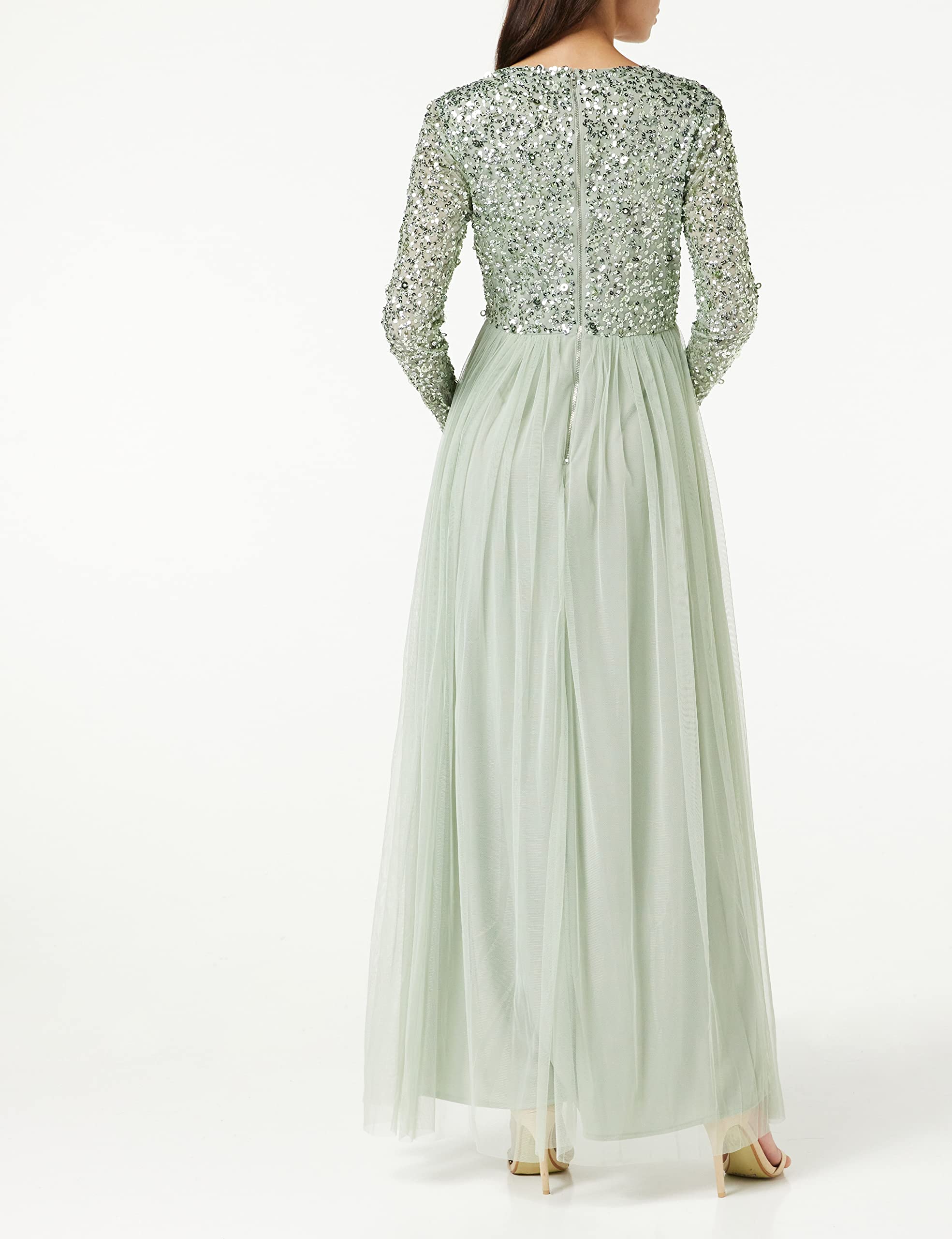 Elegant Long Sleeve V-Neck Sequin Embellished Maxi Dress for Women - Perfect for Wedding Guest, Bridesmaid, Prom & Evening Parties
