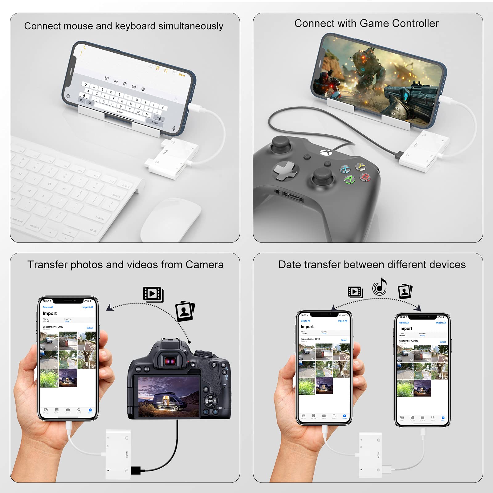 6-in-1 Lightning to HDMI Adapter for iPhone with USB Camera, Charging Port & SD Card Reader - Supports MIDI Keyboard, Mouse & HD TV/Projector/Monitor - Plug & Play for Home Theater, Gaming & Office Presentations