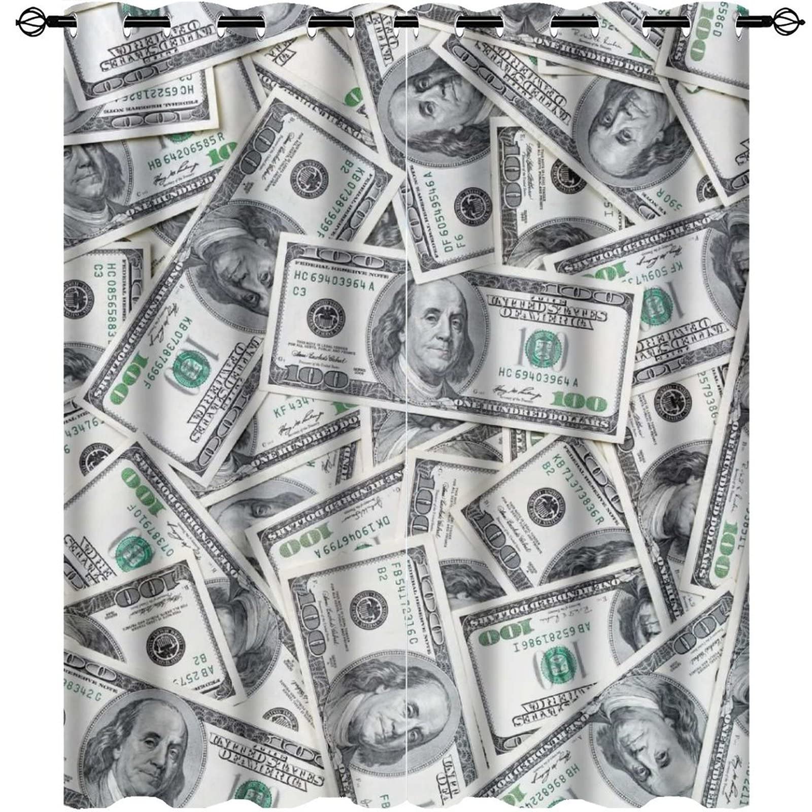Blackout Window Curtains with Money Print - 100 Dollar Bill Design Thermal Insulated Darkening Curtains for Living Room, Bedroom & Kids Room Decor - 55x63 Inches - Perfect for Privacy, Light Blocking & Energy Savings