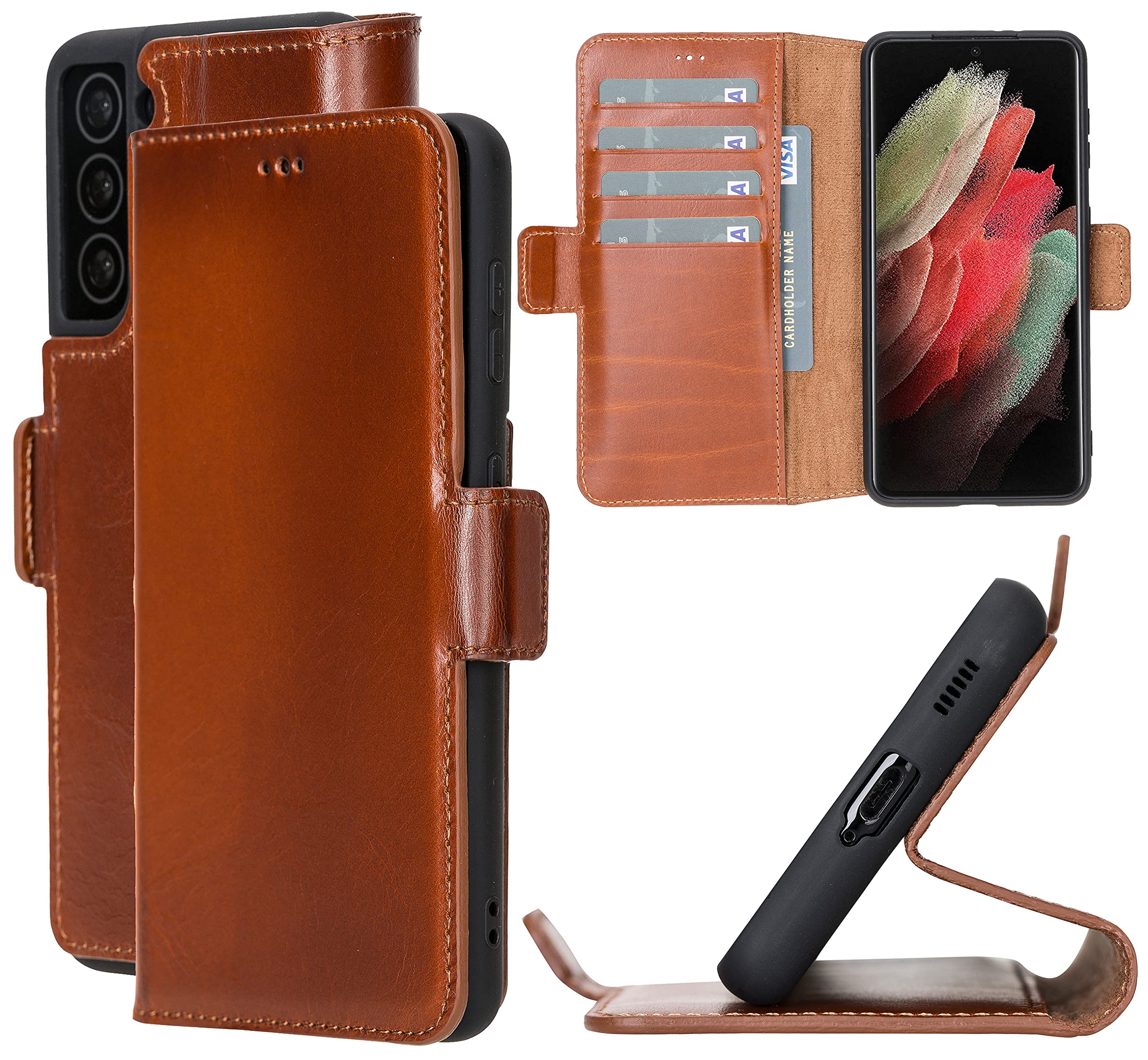 Premium Full Grain Leather Wallet Case for Samsung Galaxy S21 - Magnetic Flip Folio Cover with Card Holder & Kickstand (Rustic Tan) | Business & Travel Protection