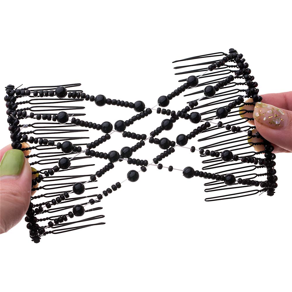 Ruihfas Easy Stretch Beaded Hair Comb - Double Stretching Combs for Women & Girls - Hair Bun Maker Styling Accessories (Black) - Perfect for Updos, Ponytails & Braids