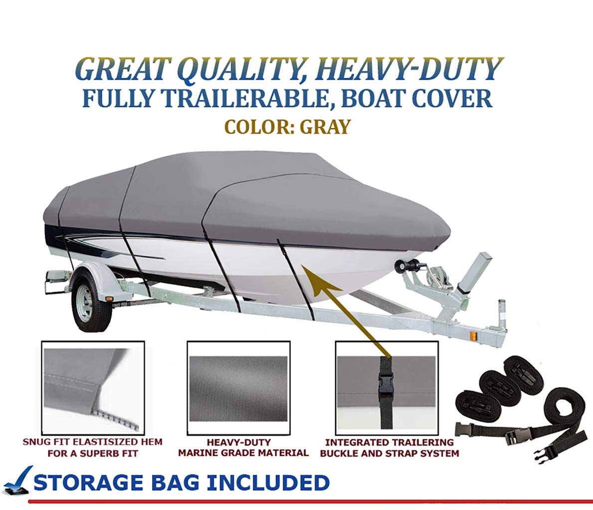 SBU Grey Boat Cover for Lund 2025 PRO V MAG SE Limited (2001-2002 Models) - Heavy Duty Waterproof Protection for Trailering, Storage & Mooring | Perfect for Fishing Boats & Outdoor Marine Use