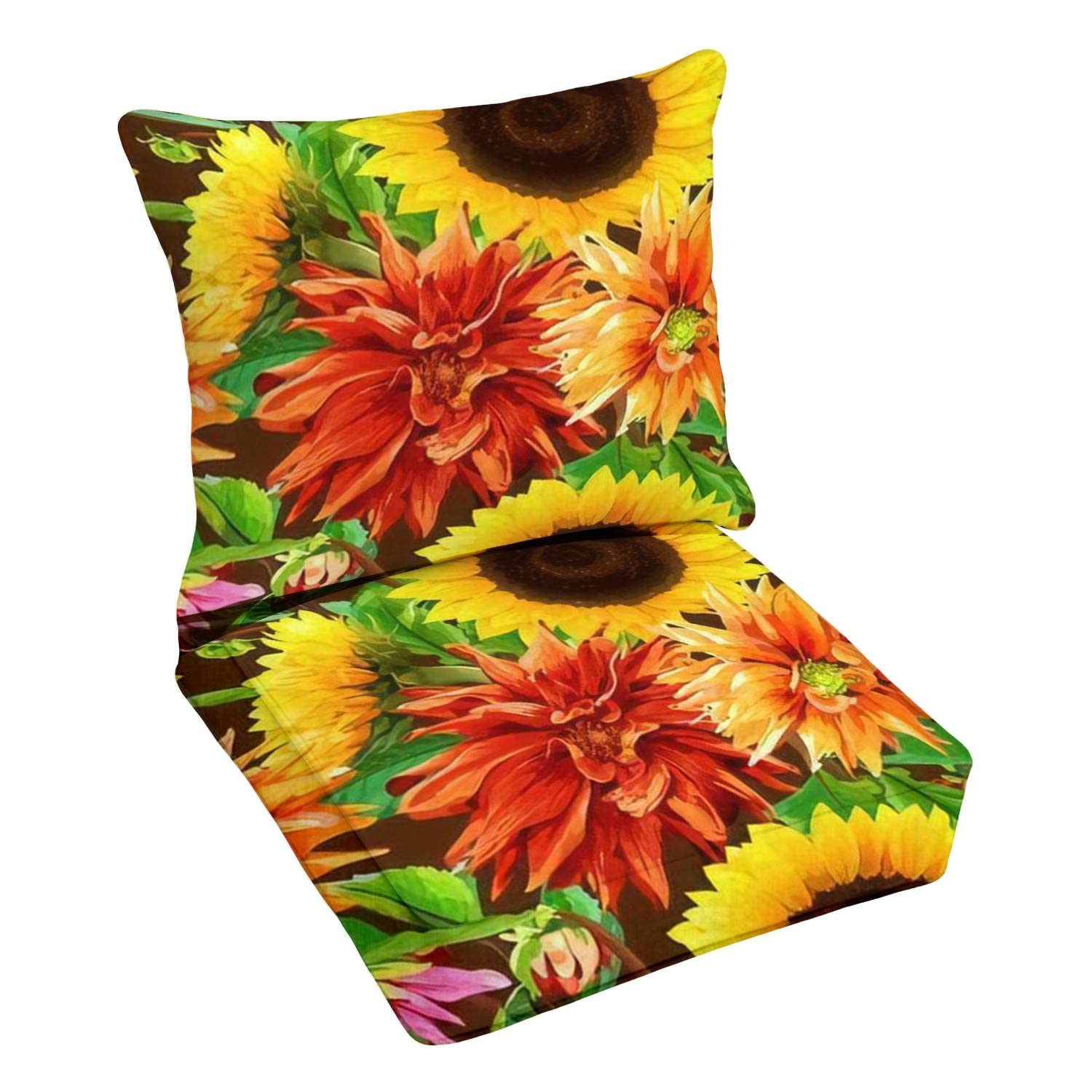Premium Outdoor Deep Seating Cushion Set - 2-Piece Sunflower & Dahlia Print Patio Furniture Replacement Cushions for Lounge Chairs - Waterproof & Durable - Perfect for Backyard, Poolside & Garden Relaxation