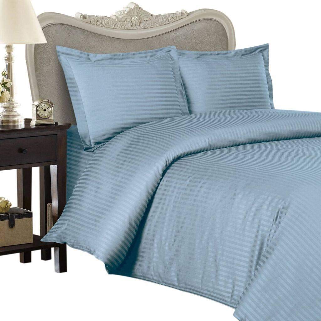 7-Piece Italian 600 Thread Count Egyptian Cotton Bedding Set - Queen Size Blue Stripe Sheet Set & Duvet Cover | Luxury Hotel Quality for Master Bedroom & Guest Room
