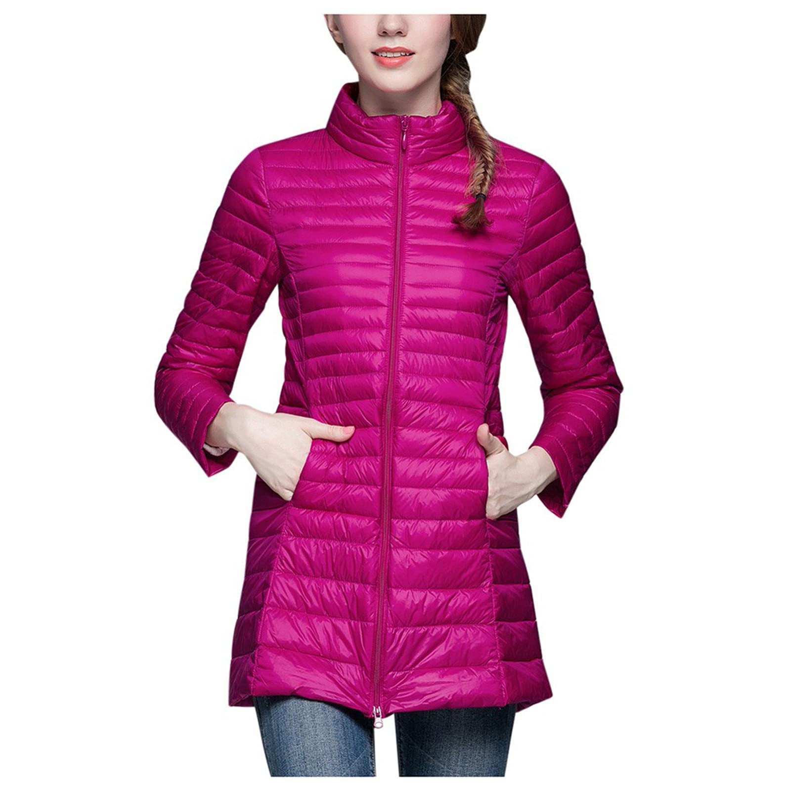 Women's Slim Fit Long Sleeve Down Jacket - Winter Warm Full Zip Midi Coat with Pockets for Outdoor Activities and Daily Wear