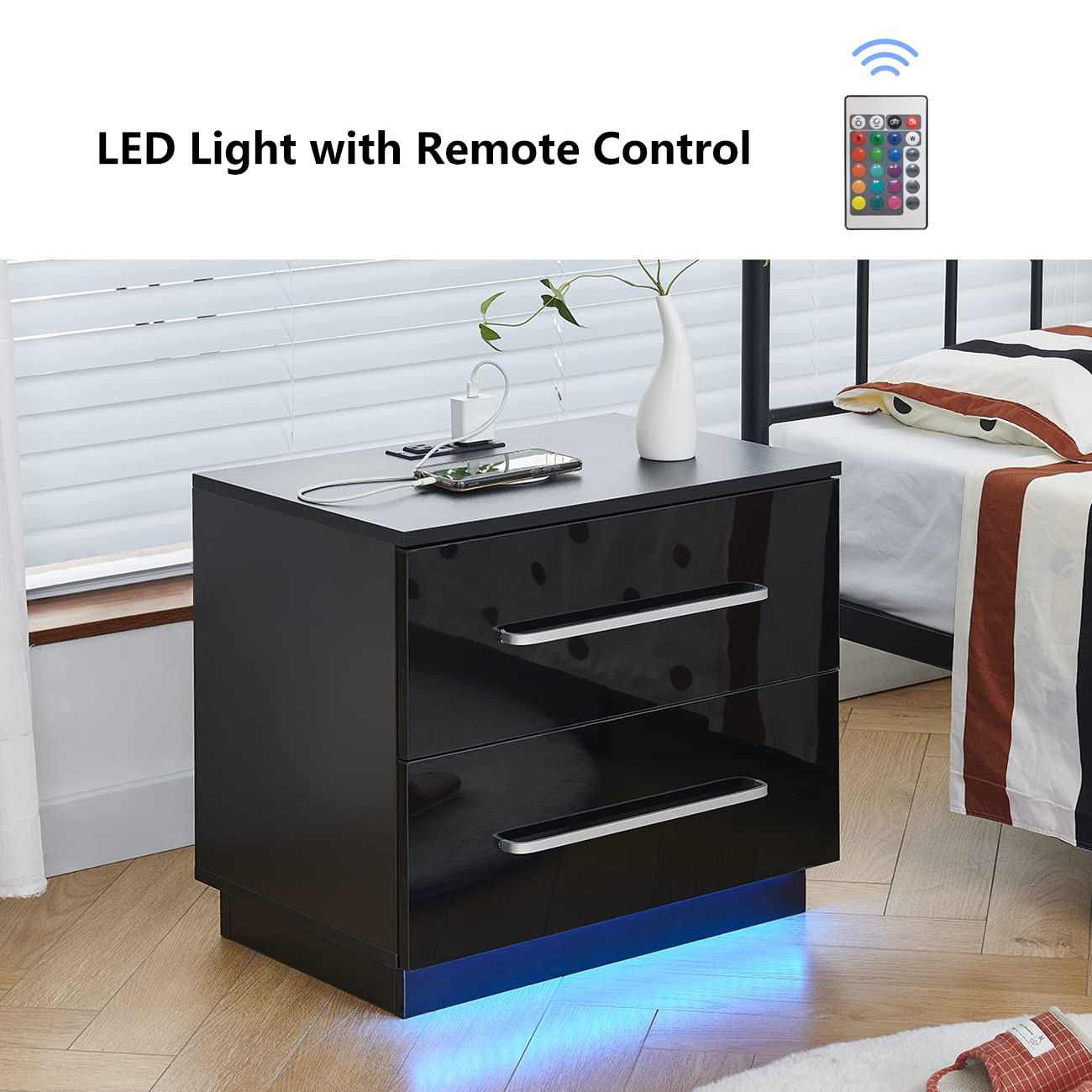 Belifeglory Modern Nightstand with 2 Drawers, USB Charging Station & LED Light - High Gloss Bedside Table, End Table for Bedroom, Living Room - Perfect for Small Spaces, Apartment Furniture, Home Office Organization