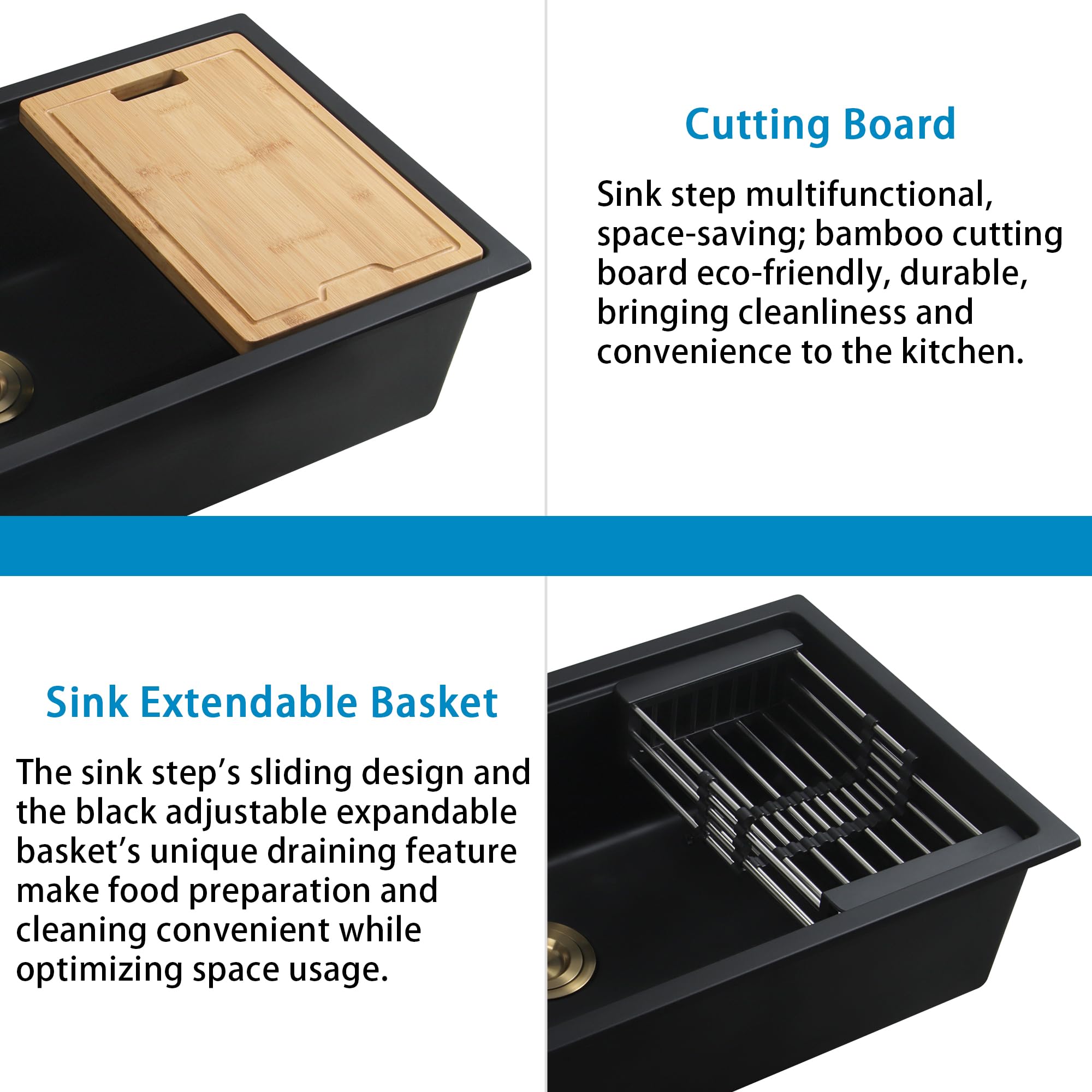 25-Inch Black Undermount Kitchen Sink - Large Deep Quartz Composite Single Bowl Workstation with Accessories - Perfect for Utility, Laundry & Heavy-Duty Cooking - Durable & Stylish (25.59