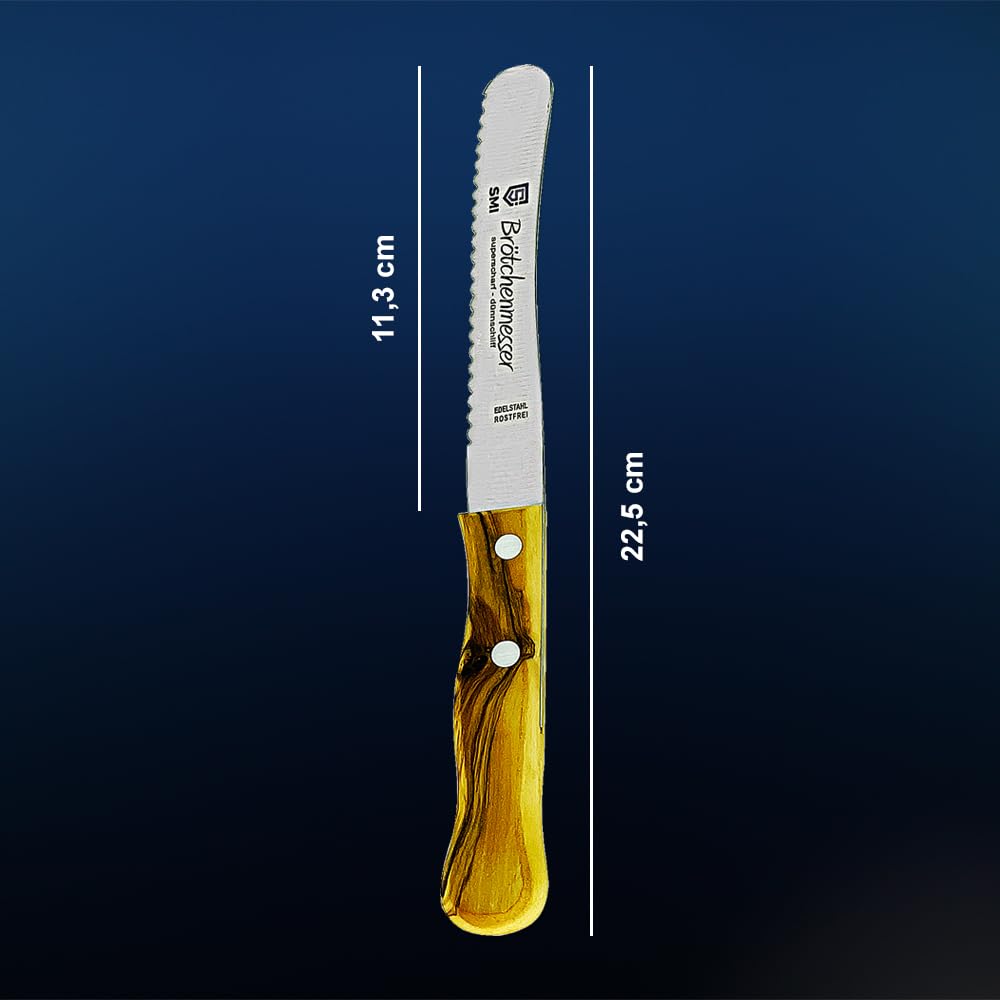 11.3cm Serrated Bread Knife with Olive Wood Handle - Wide Blade Butter Spreader & Table Knife for Slicing Bread, Cheese & Fruits - Hand Wash Only