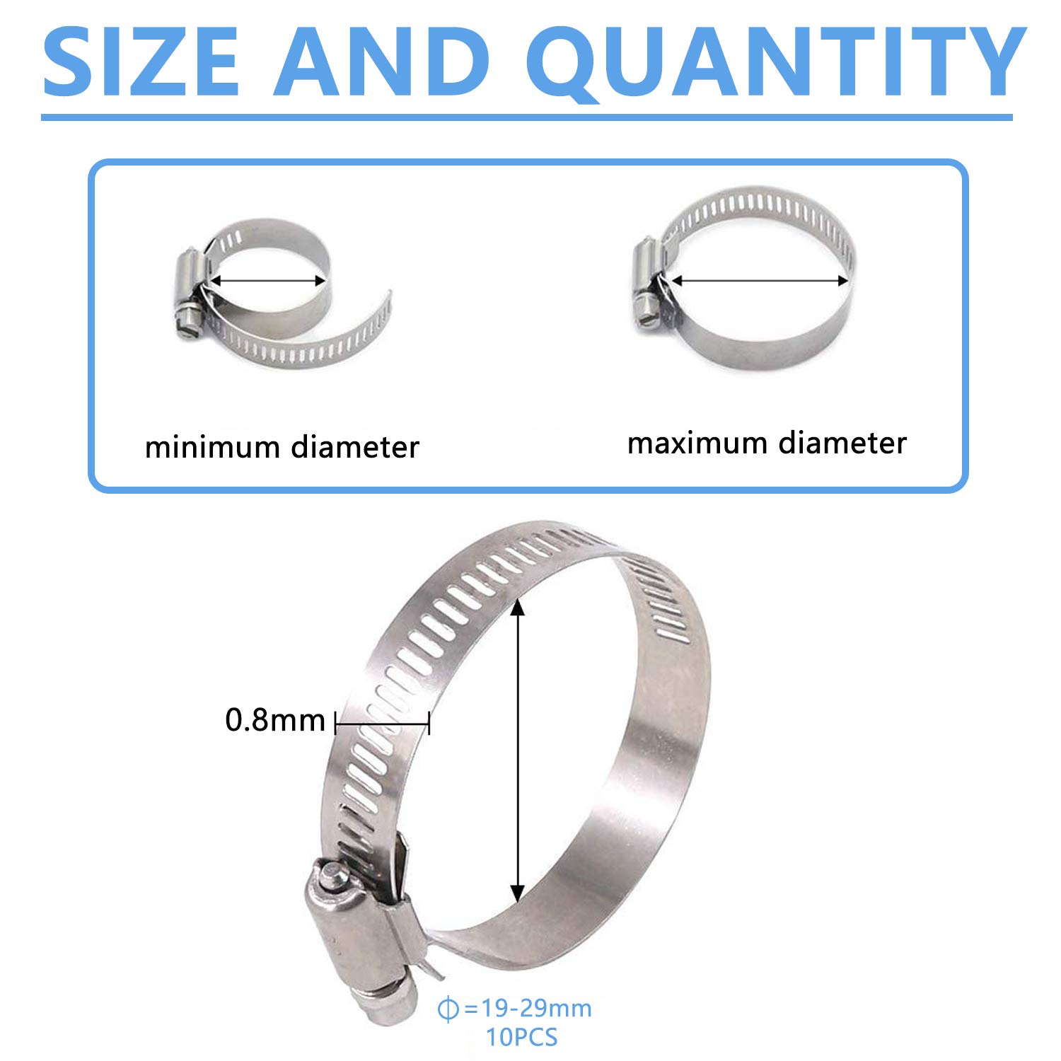 304 Stainless Steel Micro Hose Clamp - Adjustable Worm Gear Duct Clamps (19-29mm, Pack of 10) for Plumbing, Automotive & HVAC Applications