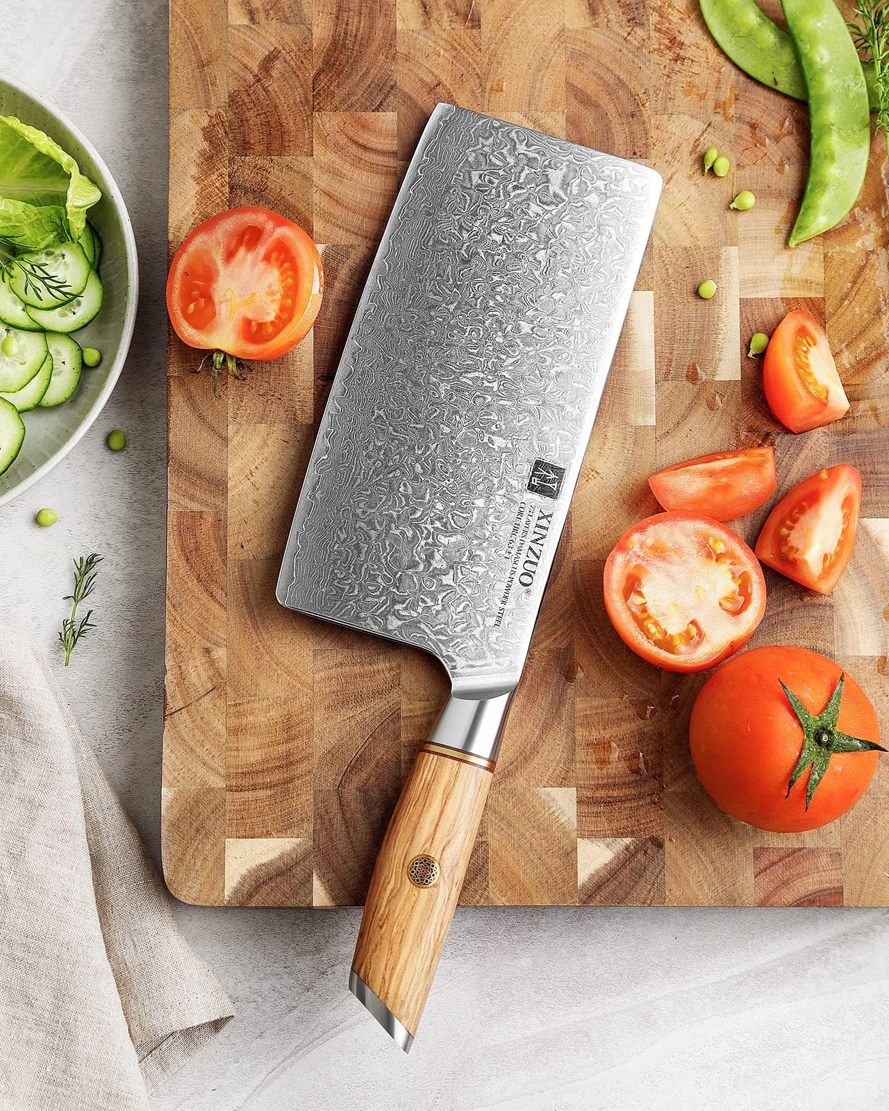 XINZUO 7.5 Inch Damascus Steel Chinese Chef Knife - 73 Layer High Carbon Powder Steel Core, Multi-Purpose Kitchen Cleaver for Meat & Vegetable Cutting with Olive Wood Handle - Perfect for Home Cooking, Professional Kitchens & BBQ Preparation