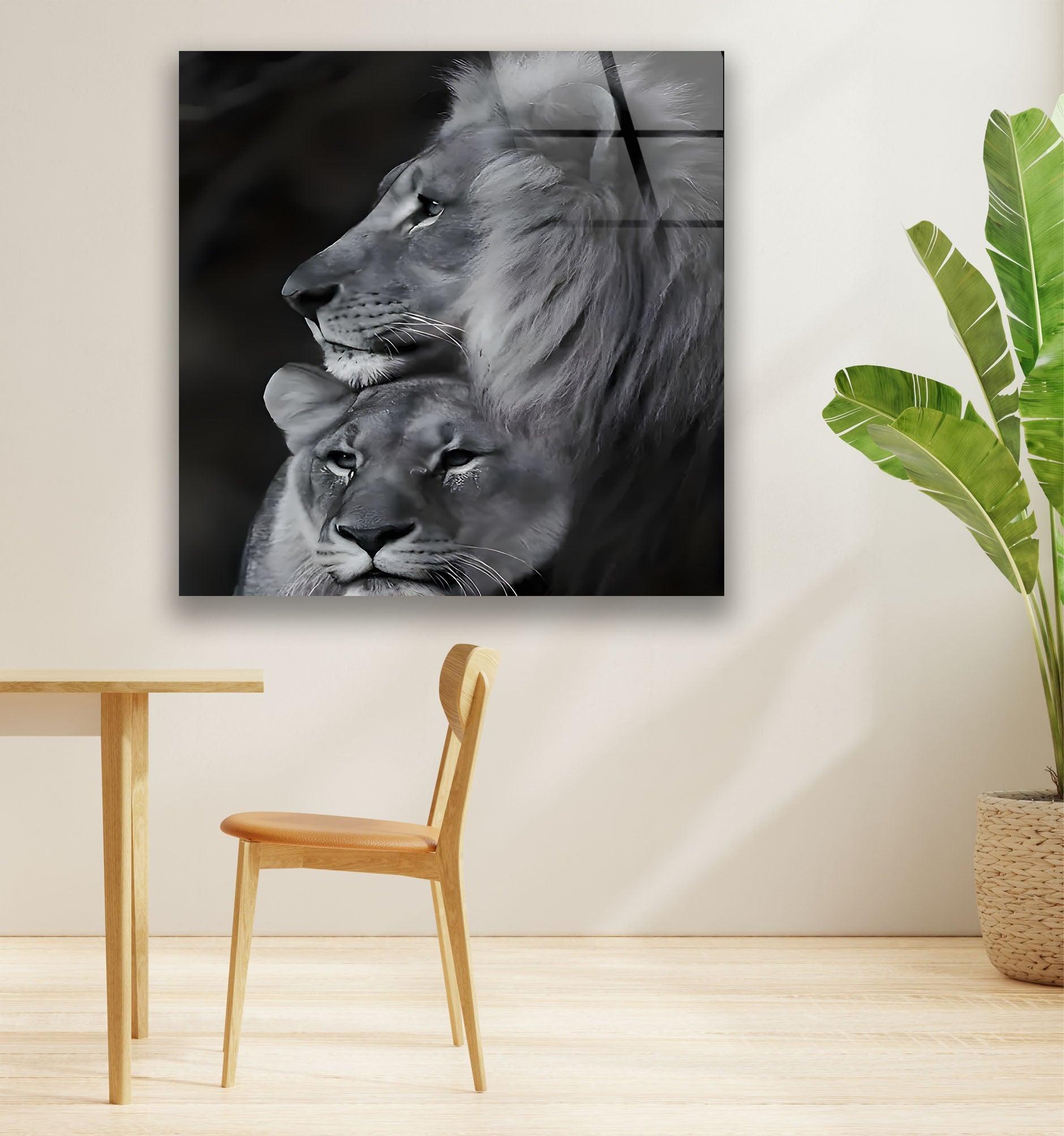 Black & White Lion Family Glass Wall Art - Elegant Home Decor for Living Room, Bedroom & Office - Perfect Gift for Animal Lovers